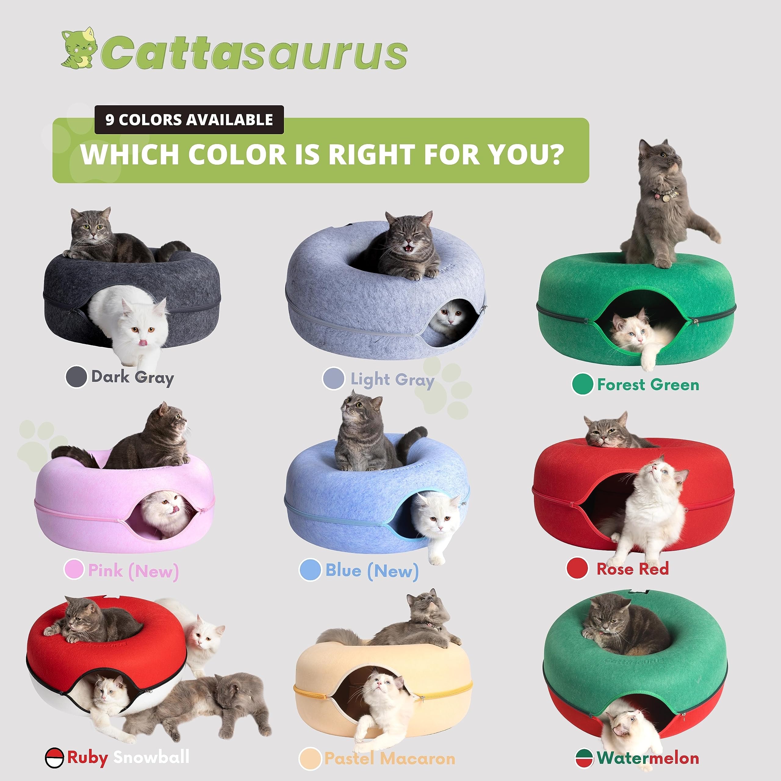 Cattasaurus Large Cat Cave - Scratch-Resistant Felt Tunnel Bed, Forest Green, Model PAB1701, Comfy for Cats Up to 45 Lbs