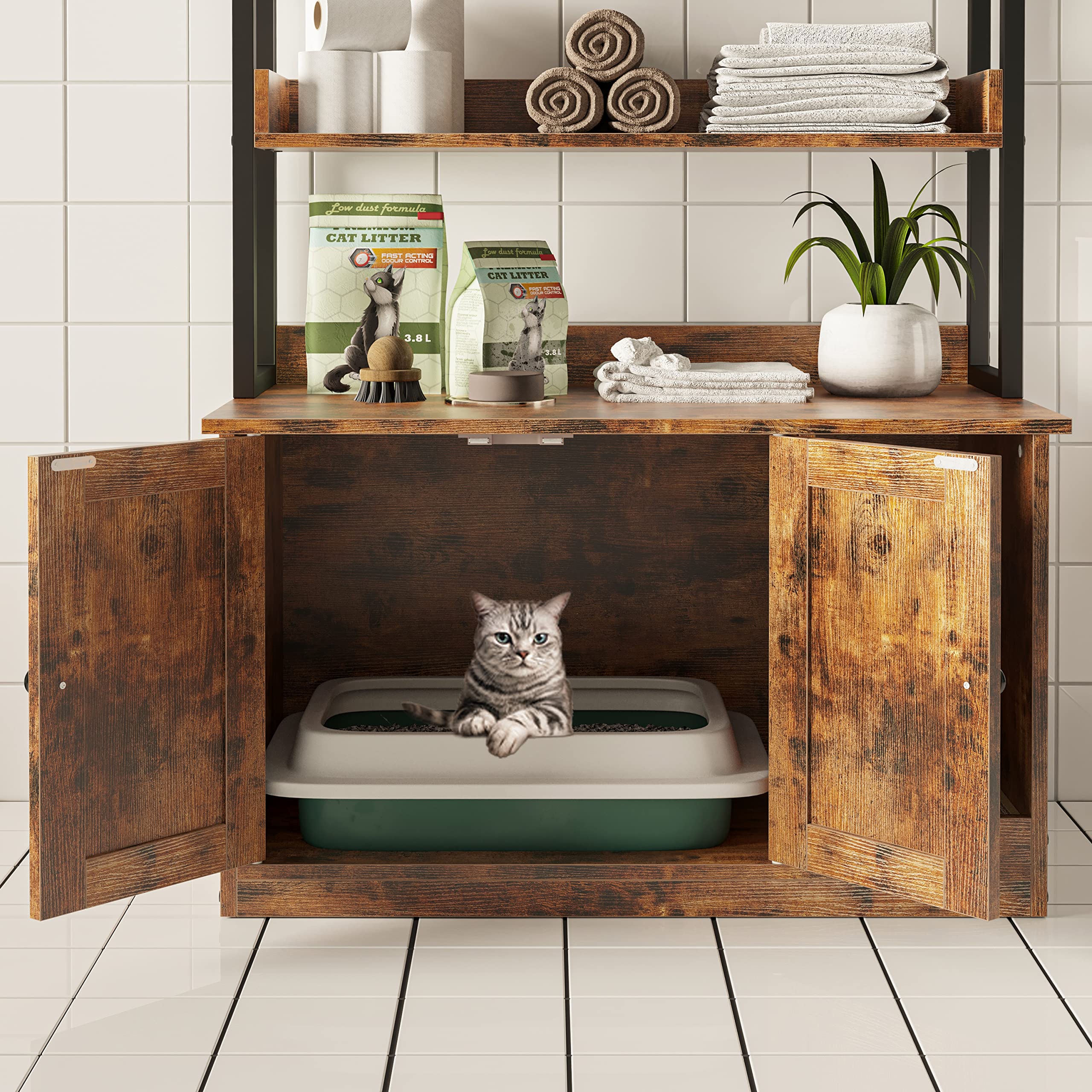 IRONCK Large Wood Cat Litter Box Enclosure with 4 Shelves, Vintage Brown, Model HK-CLB-07, Hidden Storage and Scratch Resistant