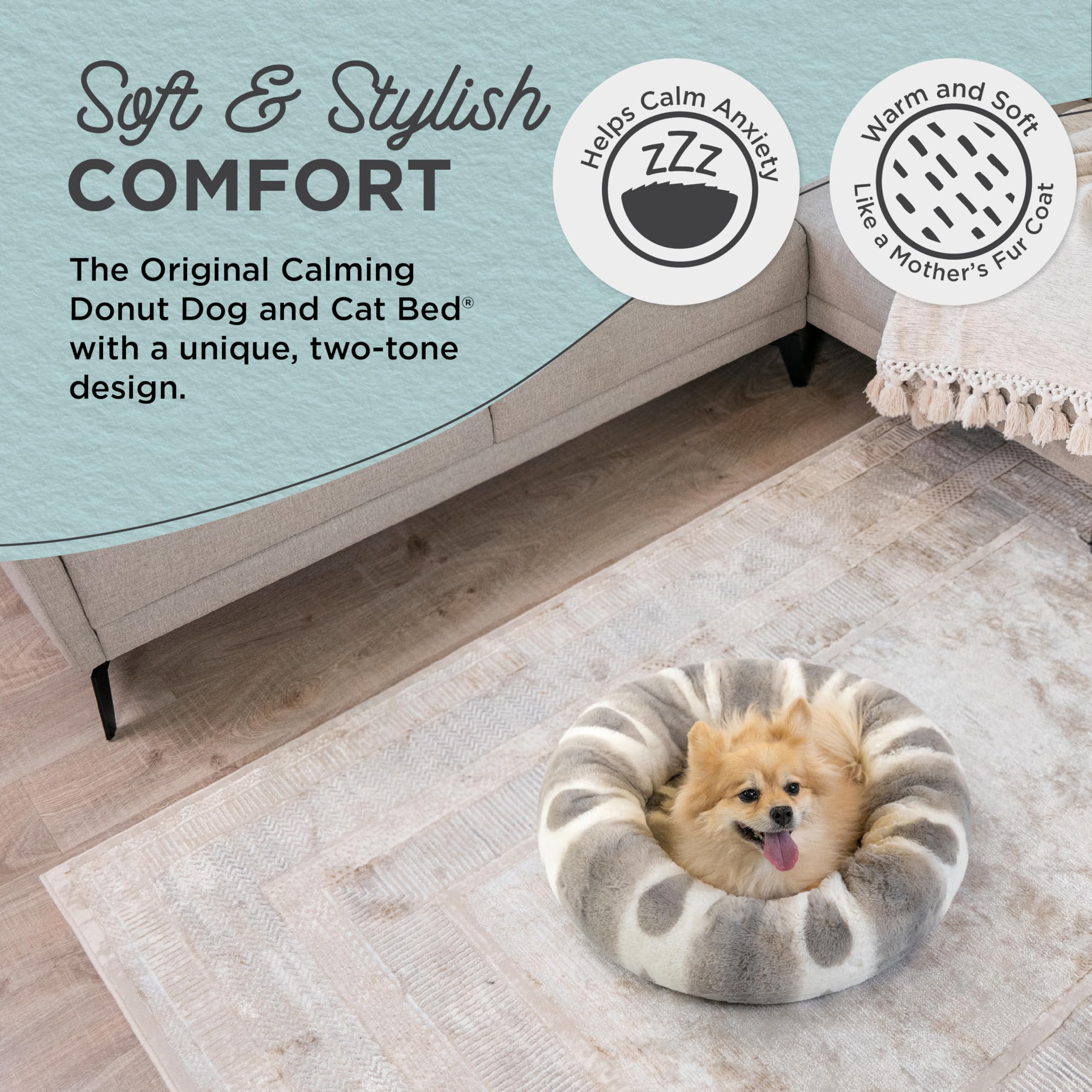 Best Friends by Sheri Calming Donut Dog Bed, 23" Small, Patterned Lux Grey, Faux Fur, Model 70751