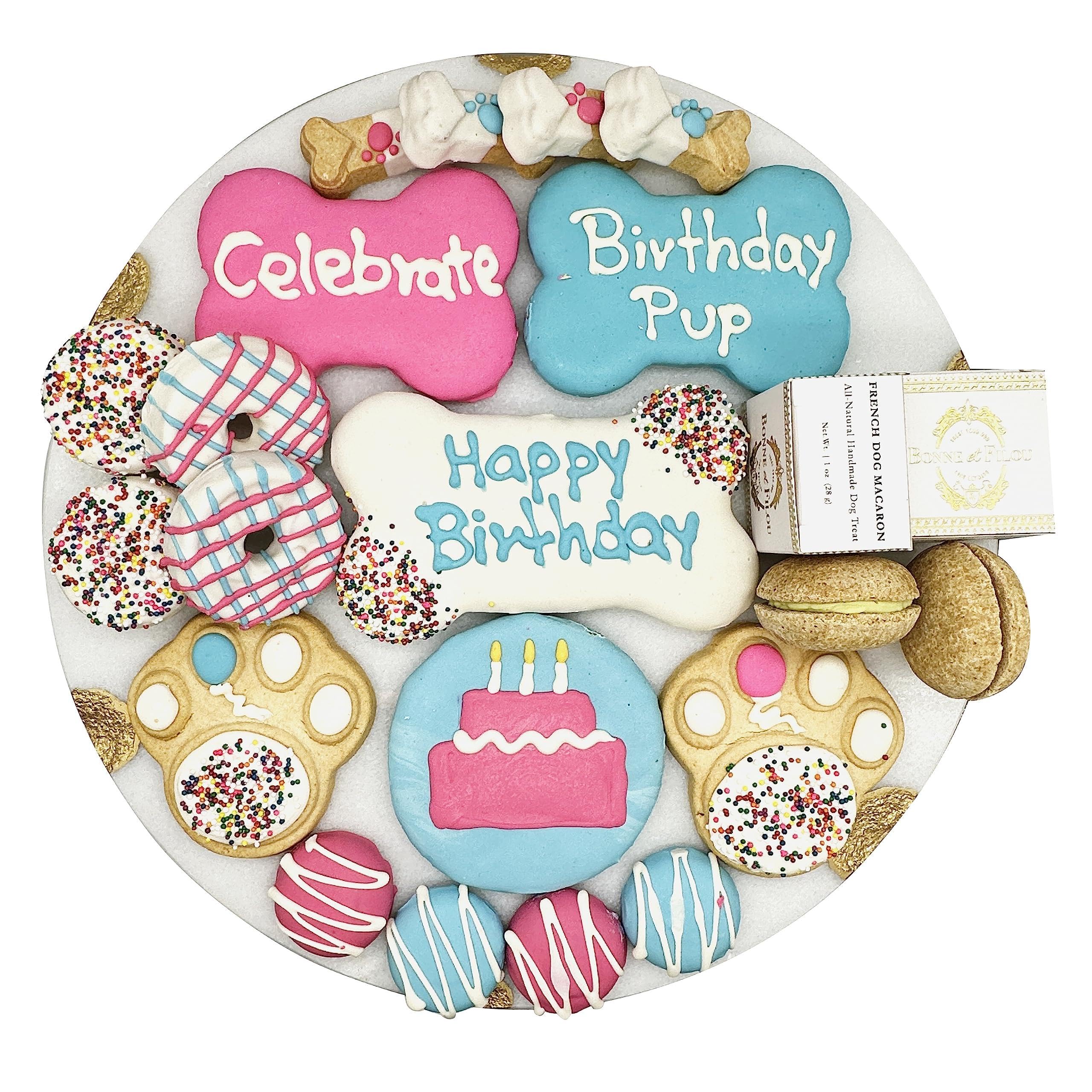 Bonne et Filou Dog Birthday Treats Human Grade Gourmet Dog Treats Gift Box 22 Luxury Dog Treats with Dog Macarons, Truffles & Bo