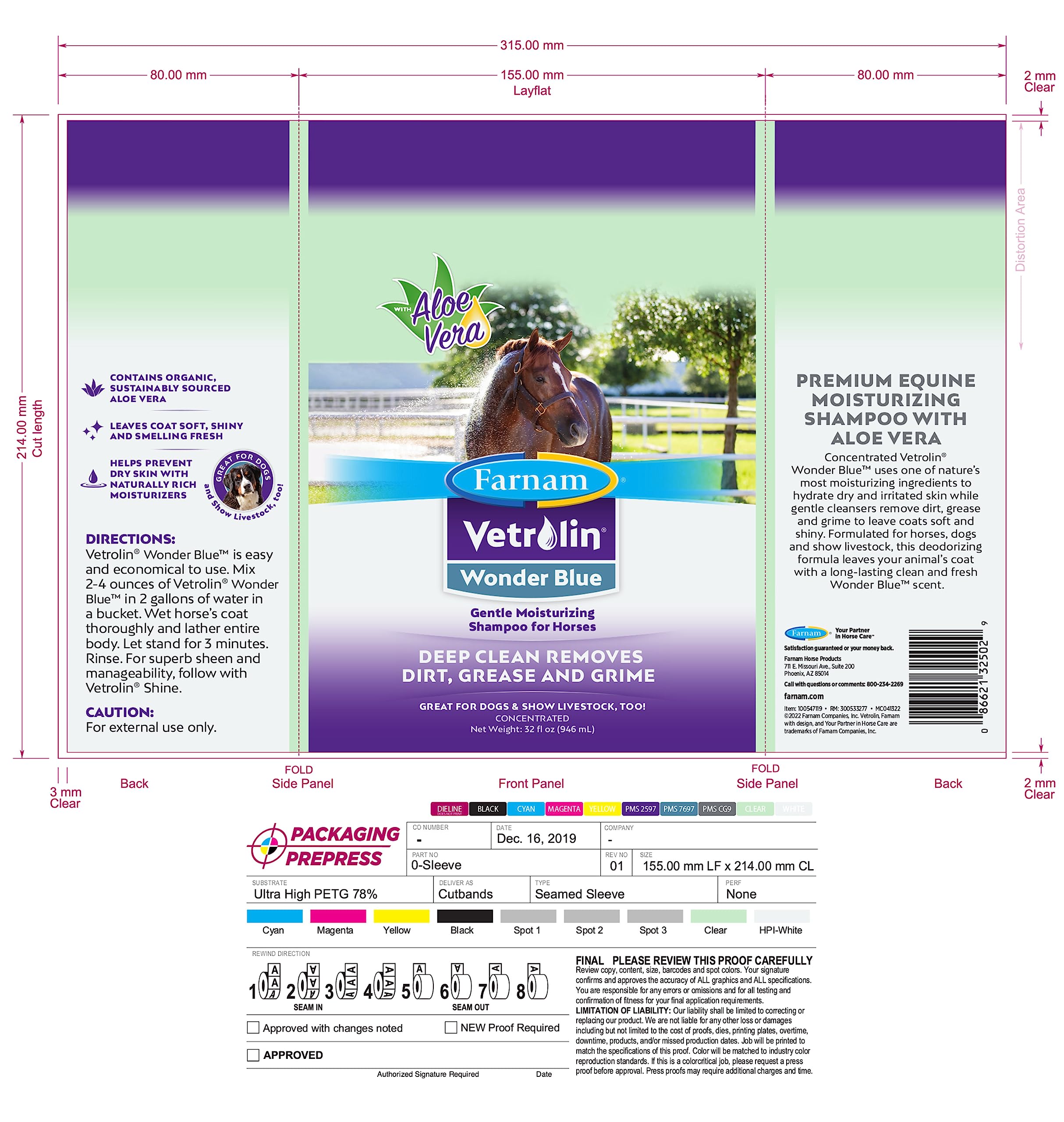 Farnam Vetrolin Wonder Blue Gentle Moisturizing Shampoo for Horses, Livestock and Dogs Blue 32