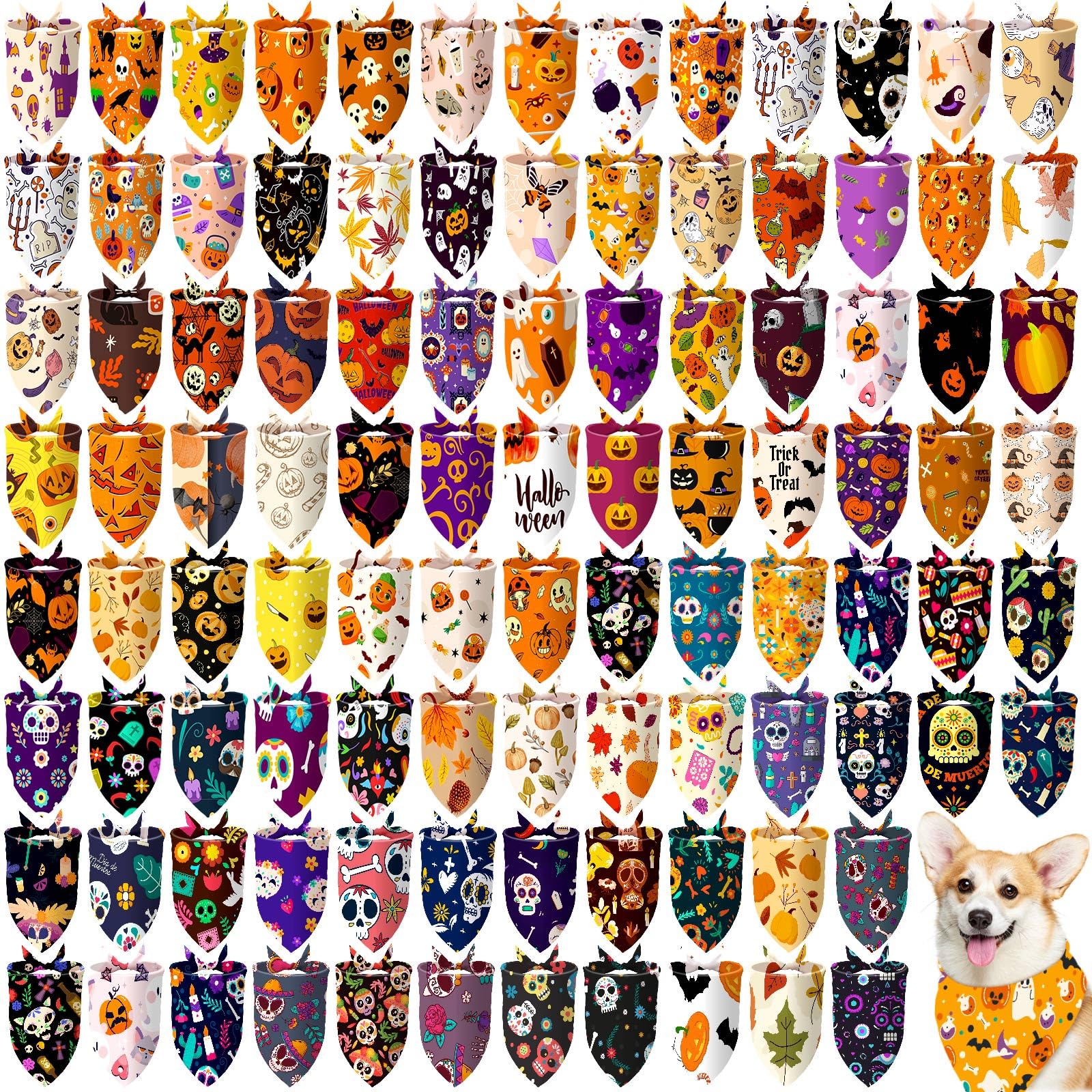 Huhumy 100 Pcs Halloween Dog Bandanas Bulk Pet Bibs Colorful Triangle Scarf Pet Bandanas for Medium Large Dogs Halloween Party C