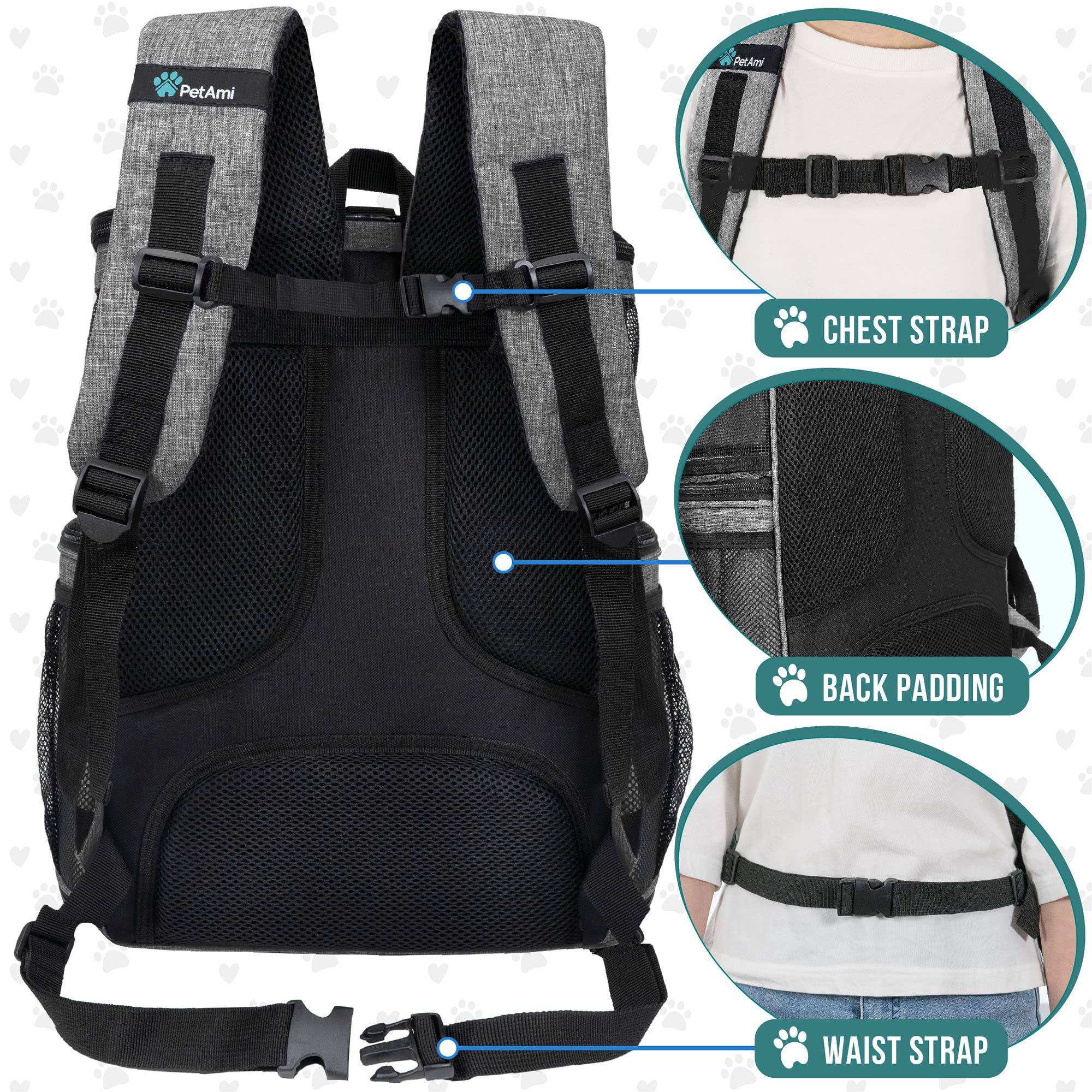 Petami Dog Backpack Carrier, Airline Approved Cat Backpacks For Carrying Small Large Cats, Pet Carrier Back Pack, Ventilated Soft Sided For Travel, Hiking, Camping, Max 18 Lbs, Heather Gray