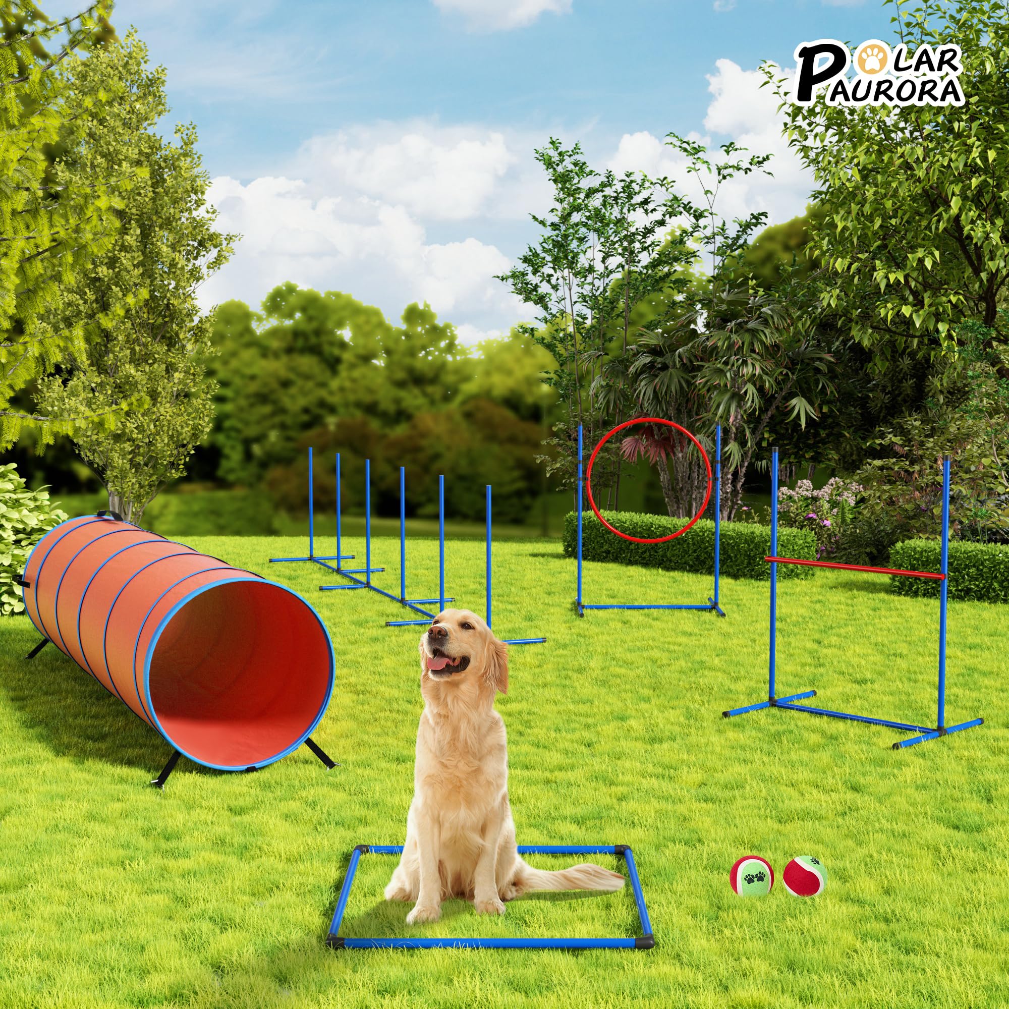 Polar Aurora Dog Agility Equipment Set - 10 PCS Obstacle Course with Tunnel, Hurdle, Weave Poles, Jump Ring, and Carrying Bags