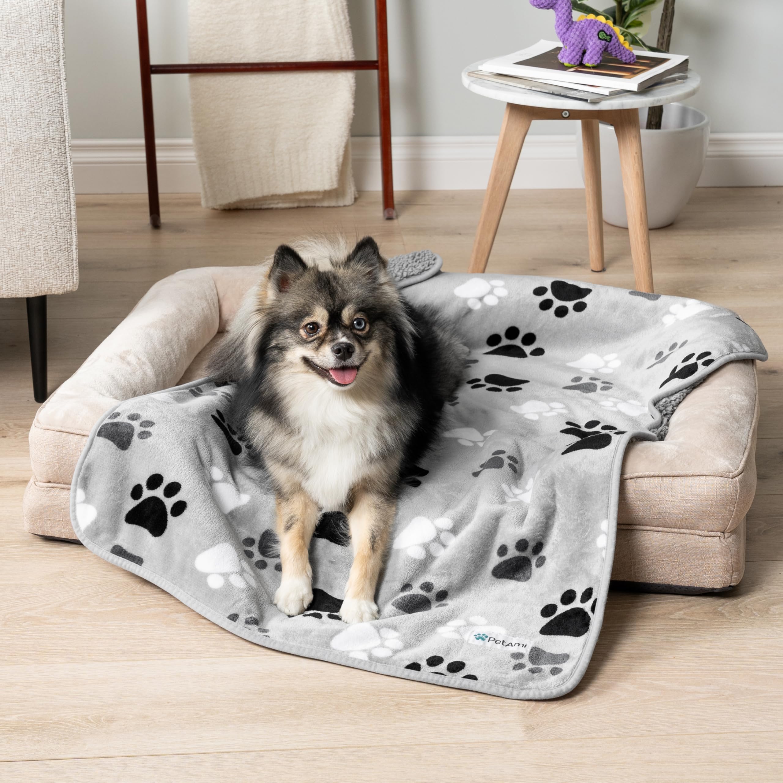 PetAmi Waterproof Dog Blanket, Small 24x32, Paw Gray Sherpa Fleece, Reversible Soft Plush Microfiber Furniture Protector
