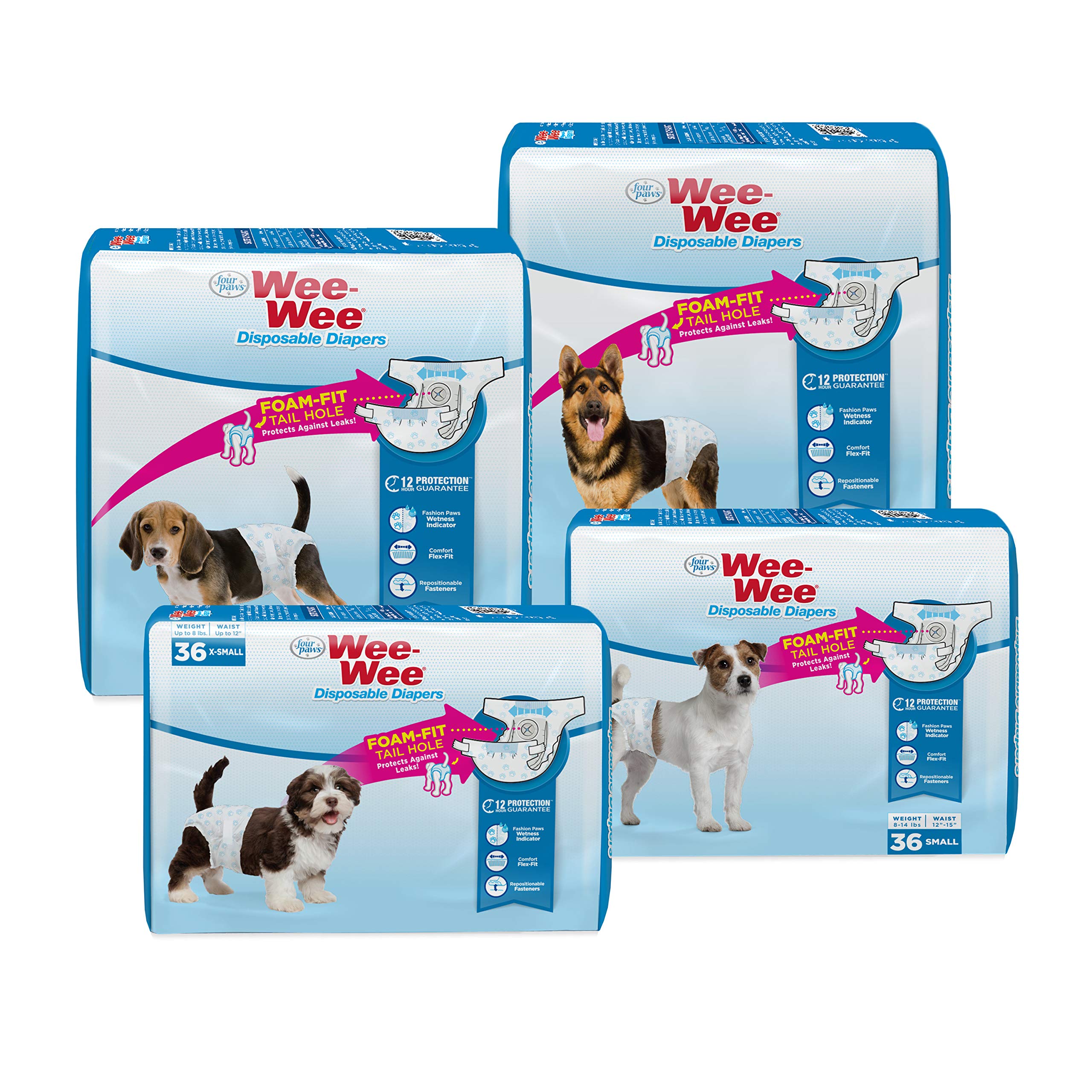 Four Paws Wee-Wee Super Absorbent Disposable Adjustable Dog Potty Training Diapers, Leak-Proof Protection for Puppies and Small