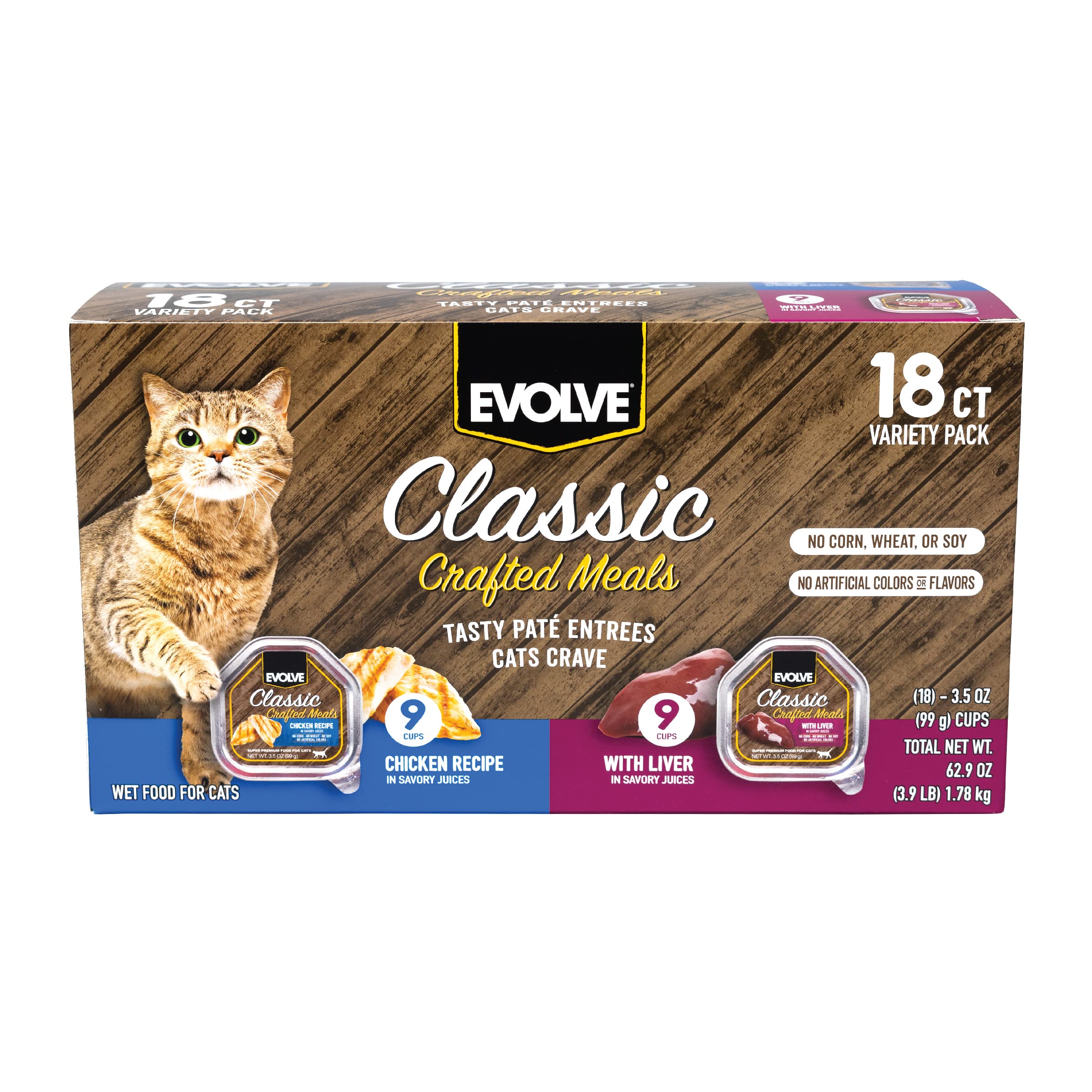 Evolve Classic Crafted Meals Cat Food Variety Pack - Chicken Recipe & Liver Recipe 3oz (Pack of 18)