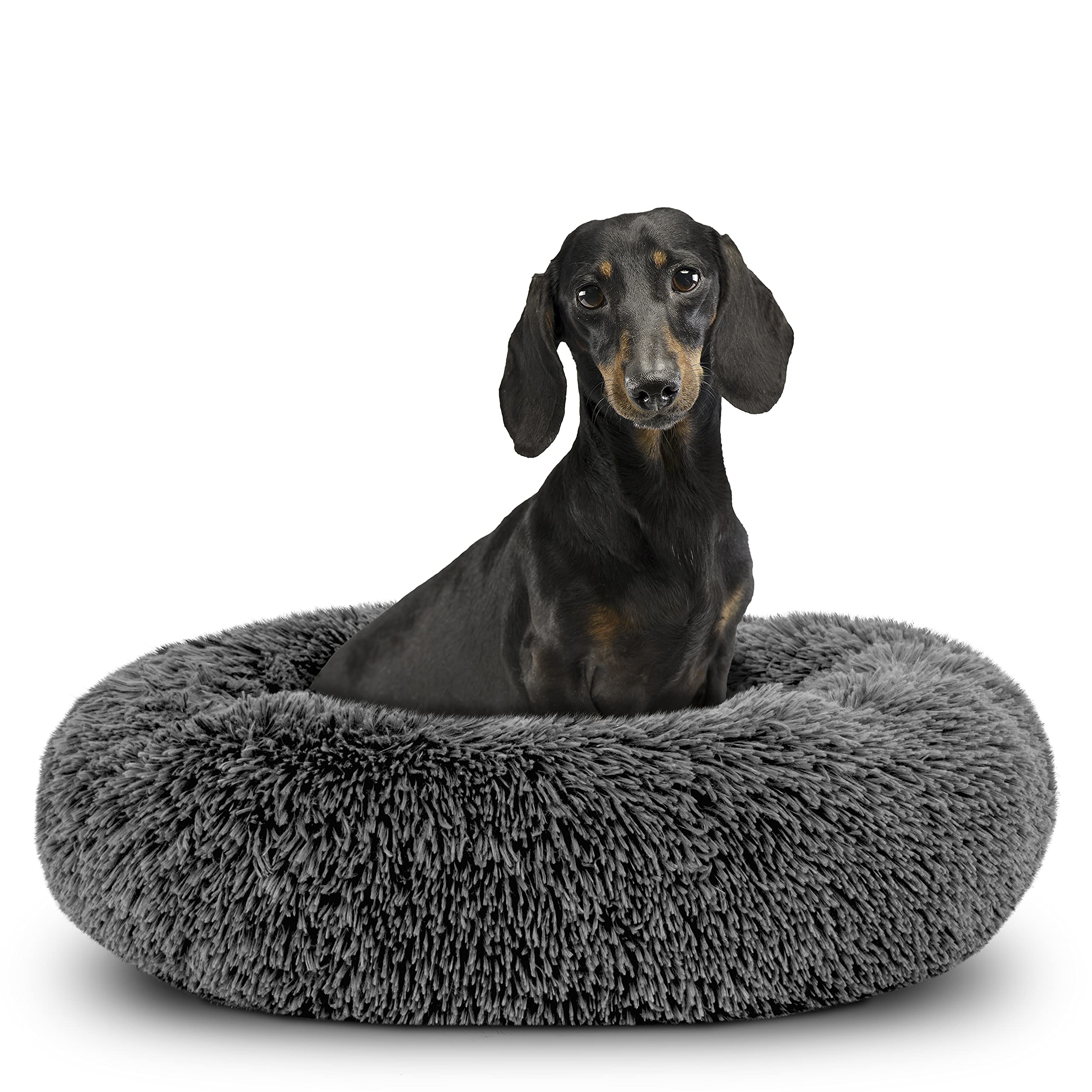 The Dogs Bed Sound Sleep Donut Dog Bed, Small Steel Grey Fur Calming Nest Bed, Veterinary Approved