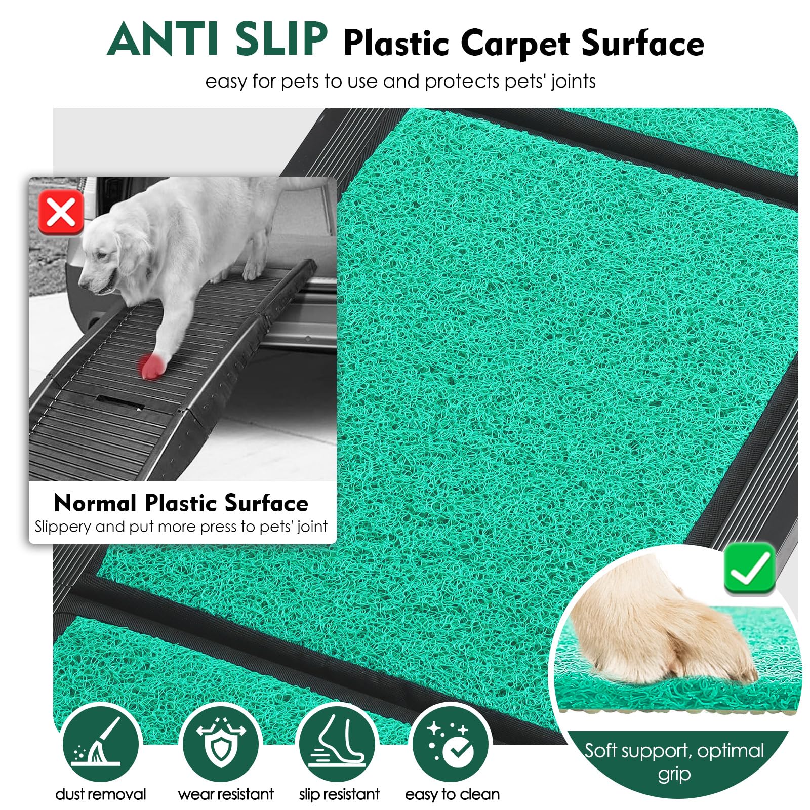 Furggis Dog Car Ramp - 71" Max Length, 20" Width, Foldable, Non-Slip, Green - Ideal for Large Dogs Up to 250lbs, Fits Cars,