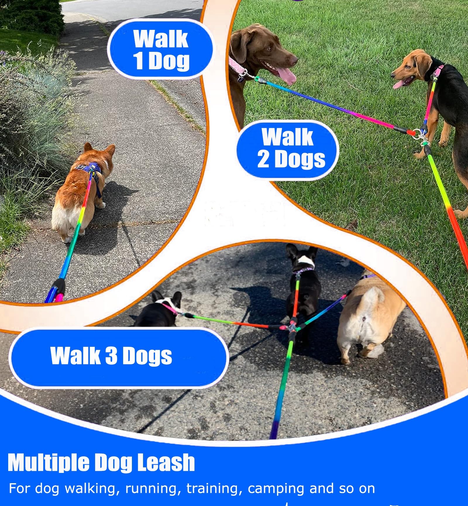 Sonqueen Heavy Duty 3 Dog Leash No Tangle Detachable 360° Swivel Device Multiple Dog Leash With Padded Handle For Two/Three Pets