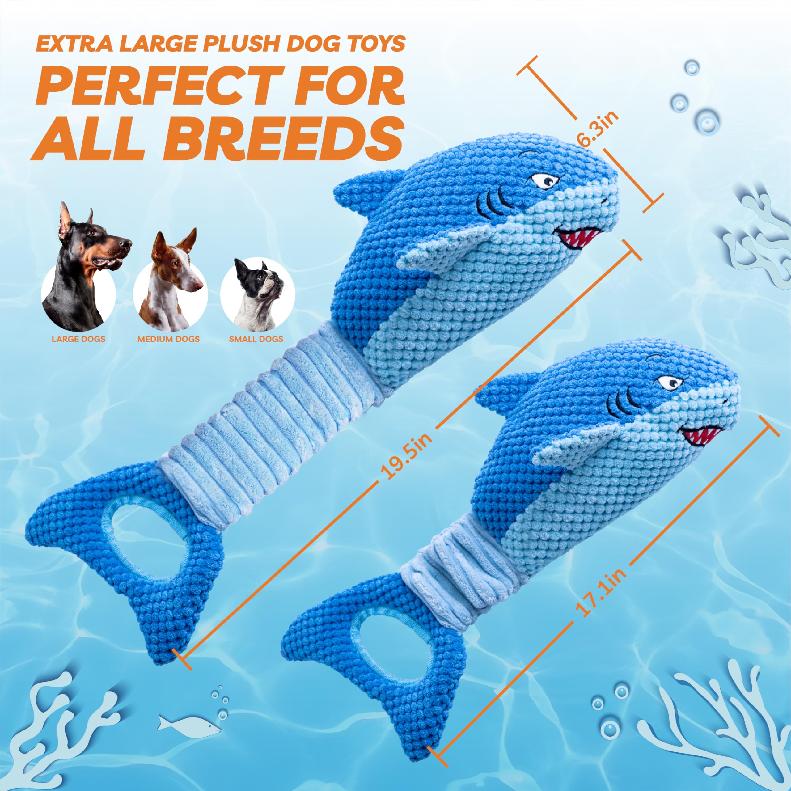 LEGEND SANDY Interactive Squeaky Dog Toy for Aggressive Chewers, Large Crinkle Tug Toy, Blue Shark, Polyester Material