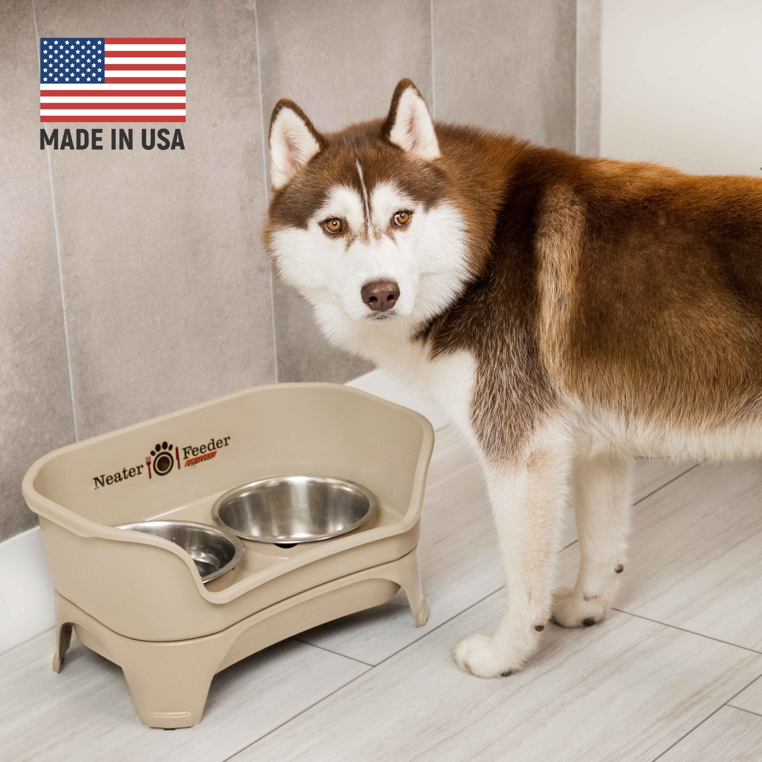 Neater Feeder - Express Model - Mess-Proof Dog Bowls (Medium/Large, Almond) - Made In Usa - Elevated, No Spill, Non-Tip, Non-Sli