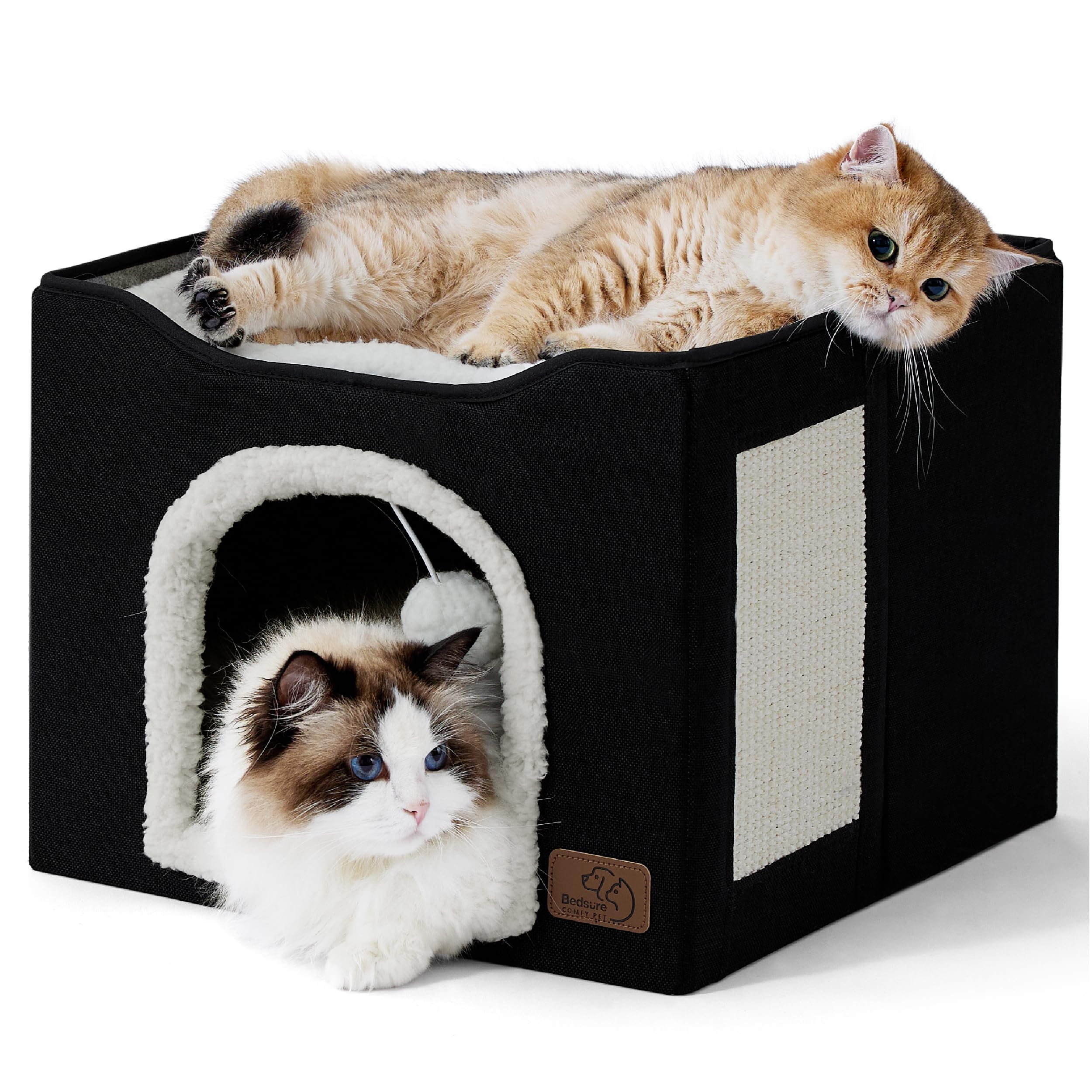 Bedsure Cat Beds For Indoor Cats - Large Cat Cave For Pet Cat House With Fluffy Ball Hanging And Scratch Pad, Foldable Cat Hideaway,16.5X16.5X13 Inches, Black