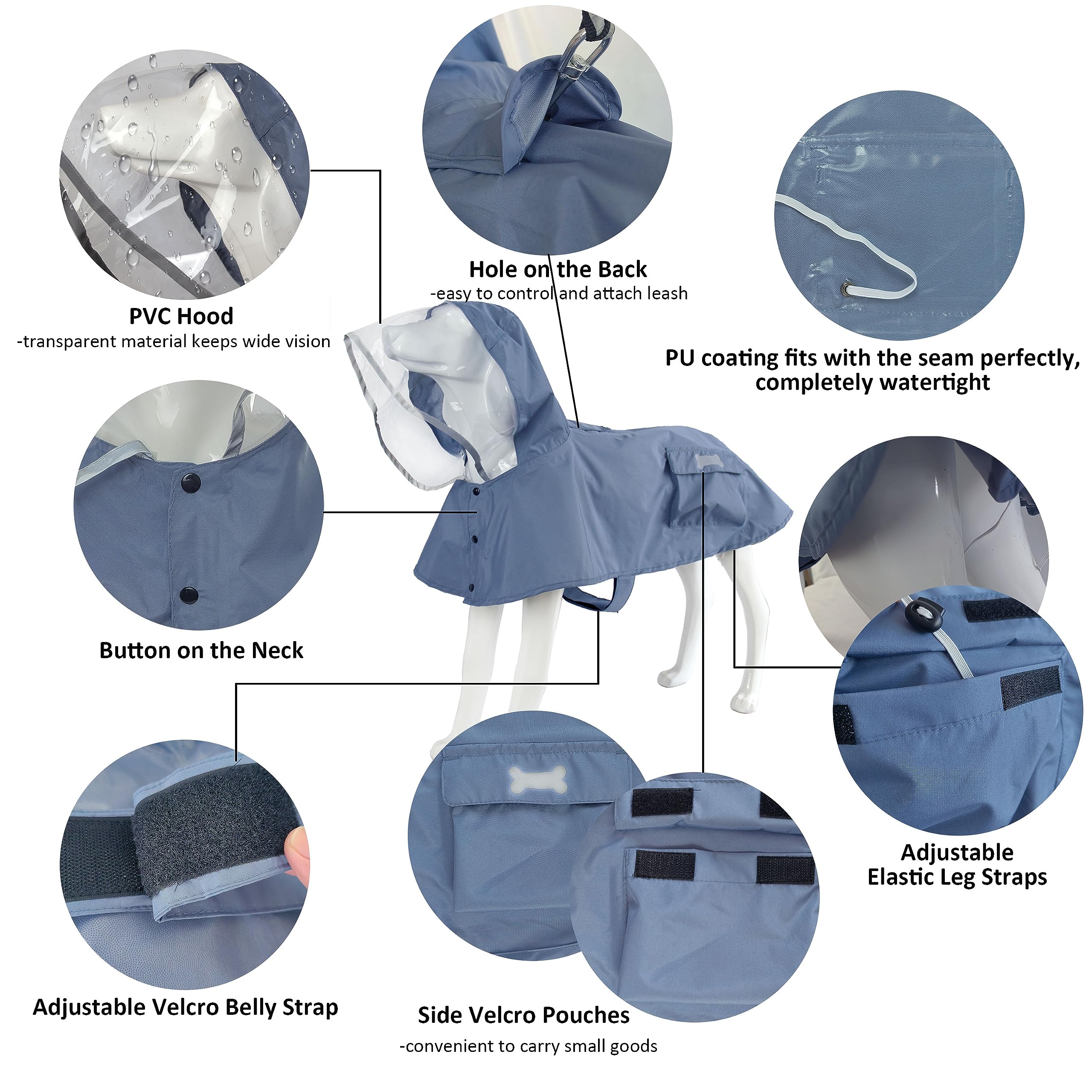 Waterproof Dog Raincoat, Adjustable Reflective Lightweight Pet Rain Clothes With Poncho Hood(X-Large, Blue&Grey)