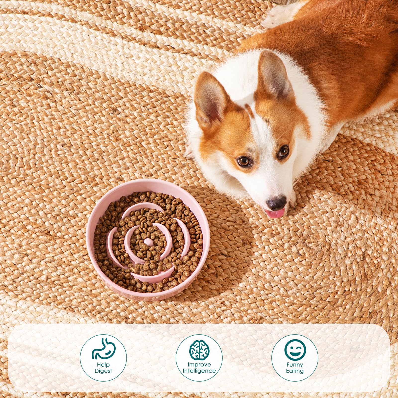 vancasso Slow Feeder Dog Bowl, 1.5 Cups Ceramic Slow Feeder for Medium Breed, Puzzle Maze Food Dog Bowl for Fast Eater, Pink
