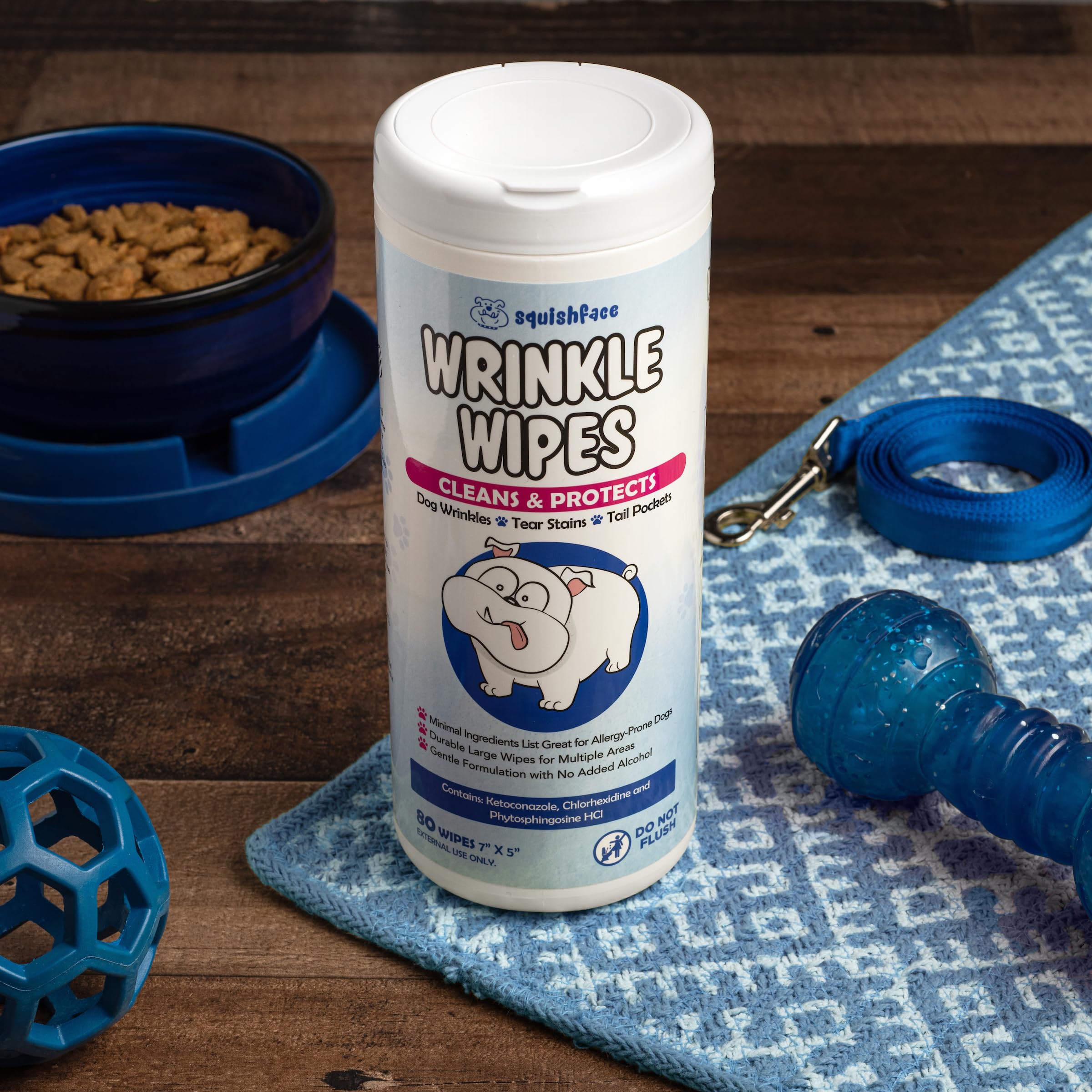 Squishface Wrinkle Wipes - 80 Count Deodorizing Dog Wipes for Tear Stains - Ideal for Bulldogs, Pugs, Frenchies & All Breeds - 5x7