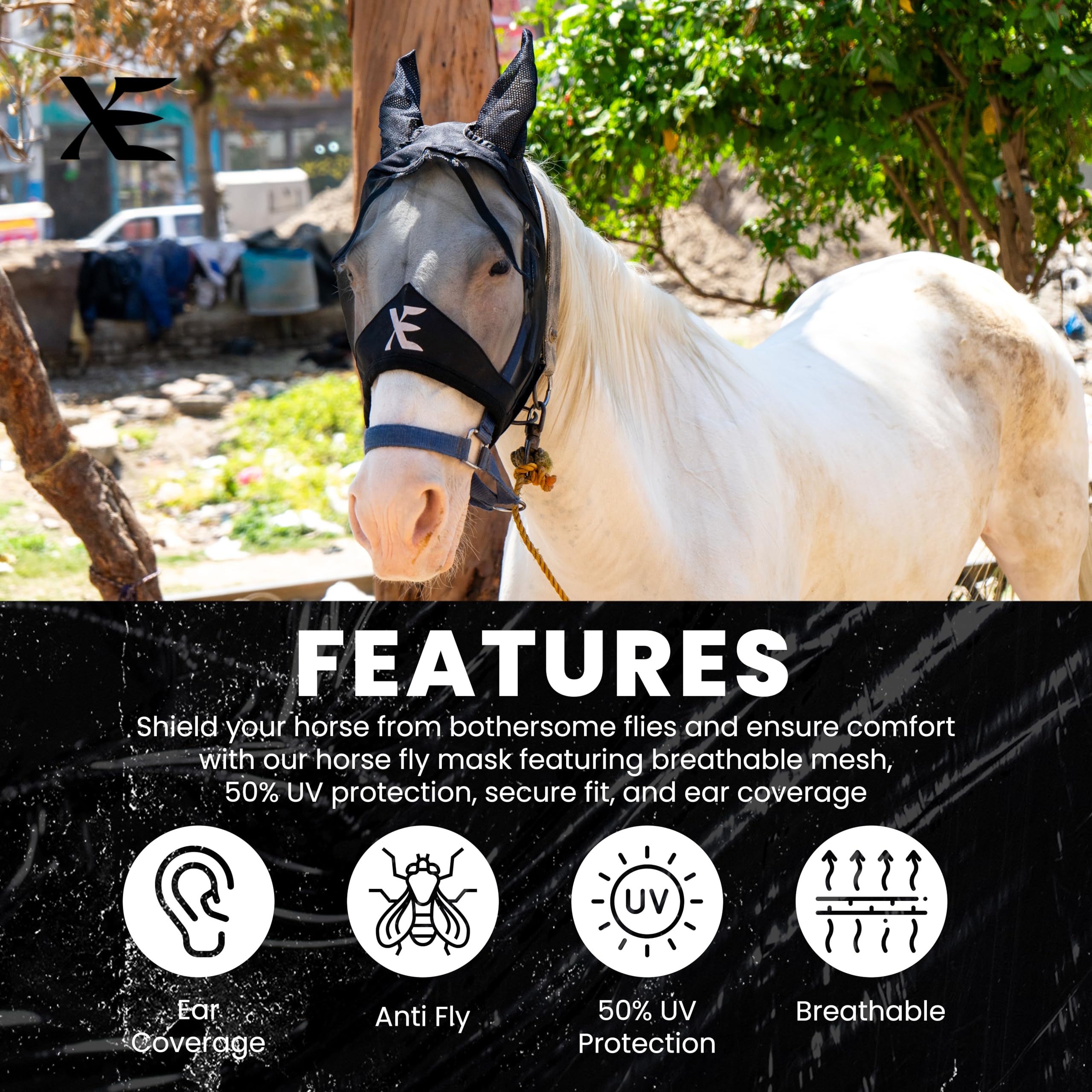 XE Horse Fly Mask with Ears -Breathable Mesh Horse Mask for UV Protection and Equine Fly, Standard Equestrian Black Horse Fly Ma
