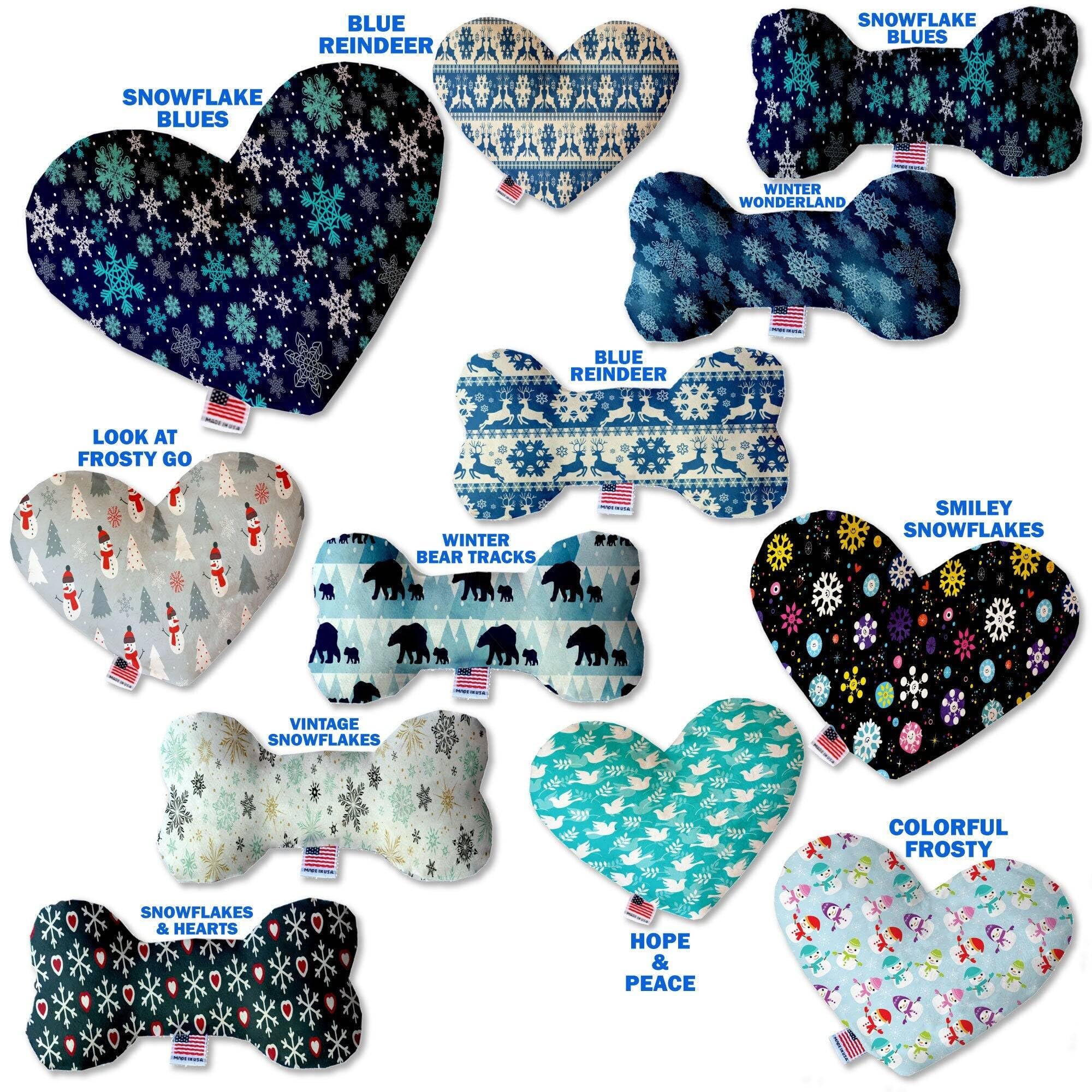 Pet and Dog Plush Heart or Bone Toy, "Winter Wonderland Group" (Available in different sizes, and 10 different patterns!) Winter Bear Tracks 10" Plush Bone