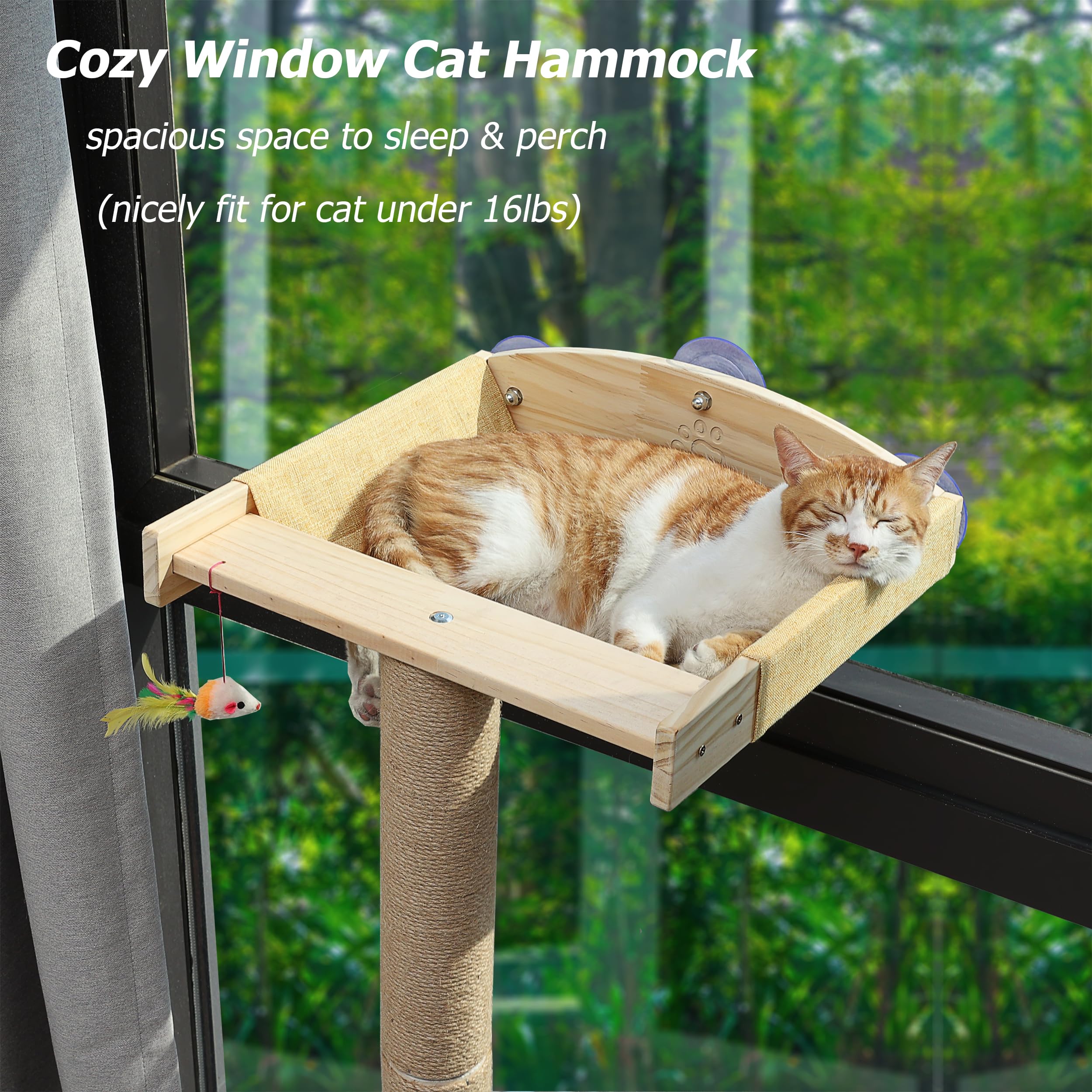 Caloreduce Cat Window Perch with Scratching Posts, 46" Climbing Tree Hammock, Wood, Cotton, Suction Cups for Sleeping & Playing