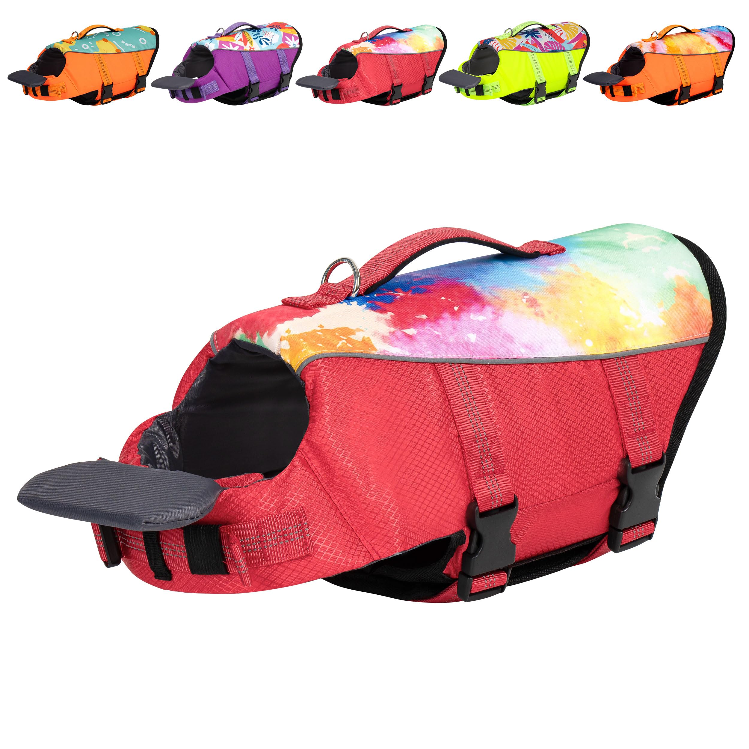 Cyeollo Life Vests For Boating - High Buoyancy Dog Life Jacket With Chin Float, Adjustable, Tie Dye Red L