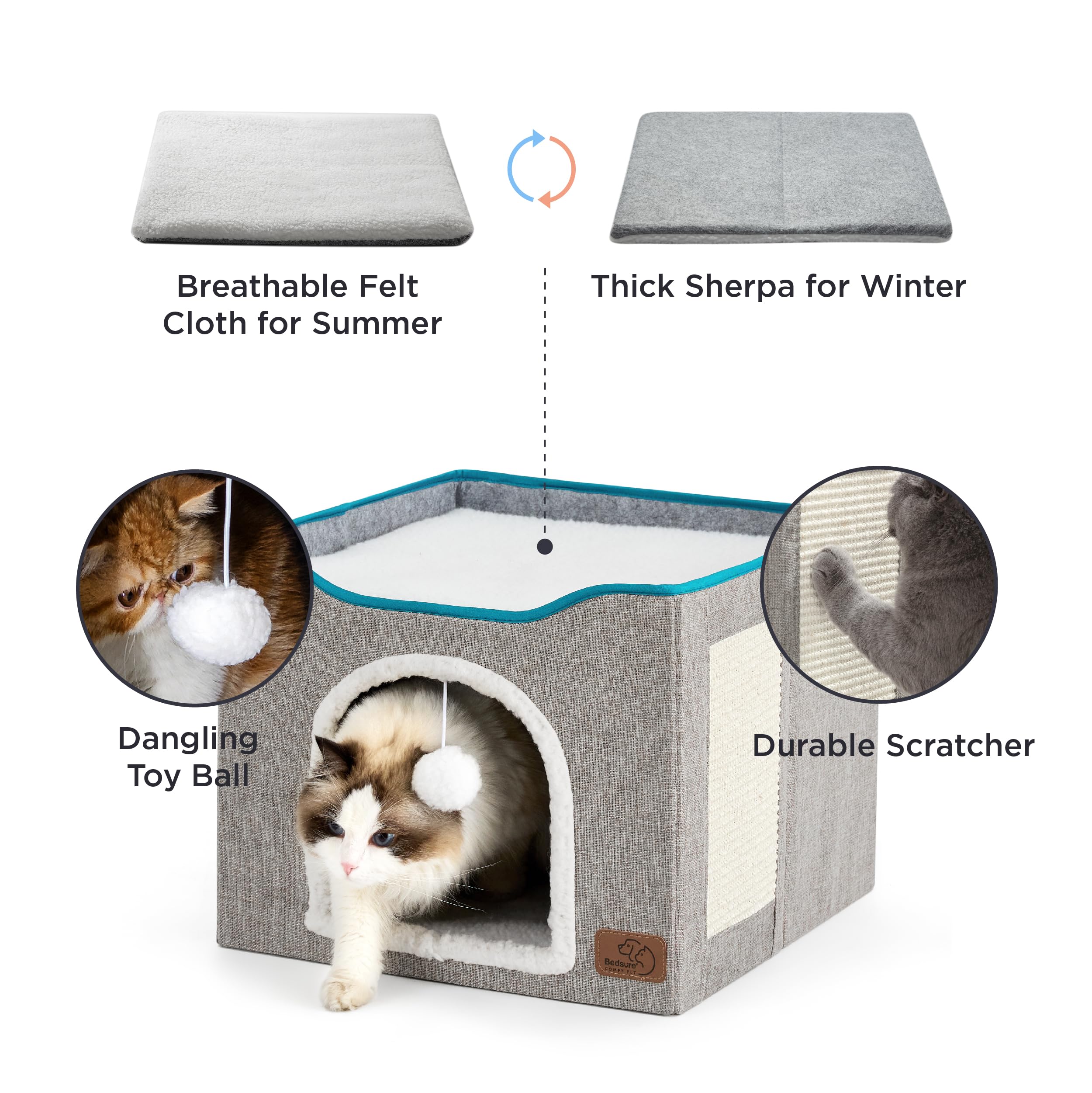 Bedsure Cat Beds For Indoor Cats - Large Cat Cave For Pet Cat House With Fluffy Ball Hanging And Scratch Pad, Foldable Cat Hidea