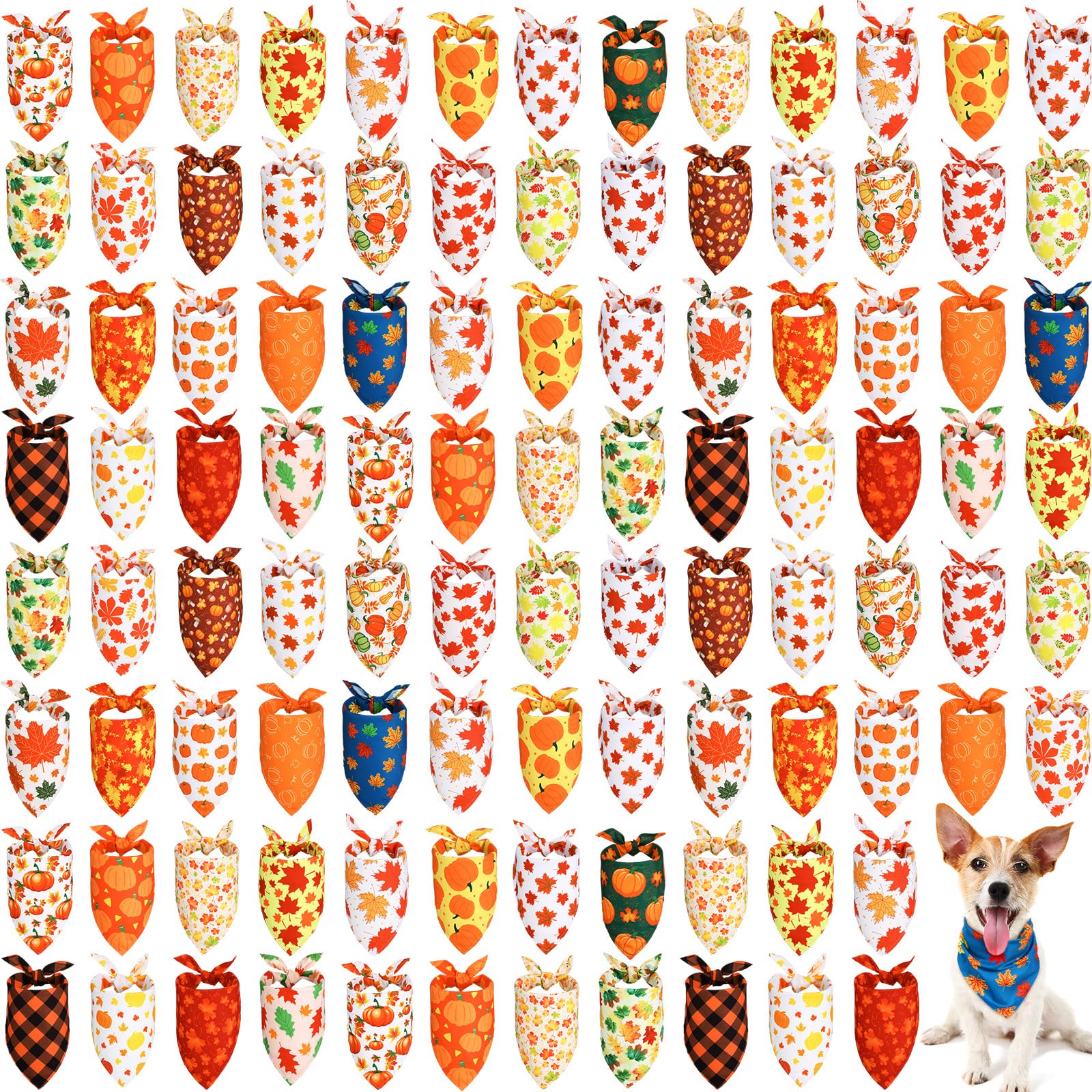 Sweetude 100 Pieces Fall Dog Bandanas Bulk,Thanksgiving Bandanas for Dogs Pumpkin Maple Leaves Pattern Puppy Triangle Scarf Bibs