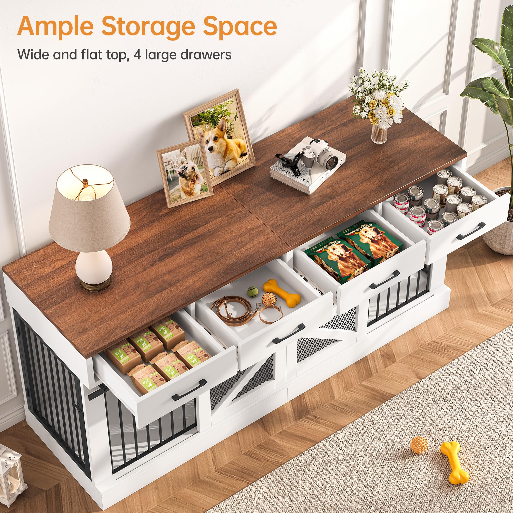 OtterOasis Extra Large Wooden Dog Crate for 2 Dogs, 71'' Indoor Kennel with Removable Divider & 4 Storage Drawers, Model HKJJ-CWSGL
