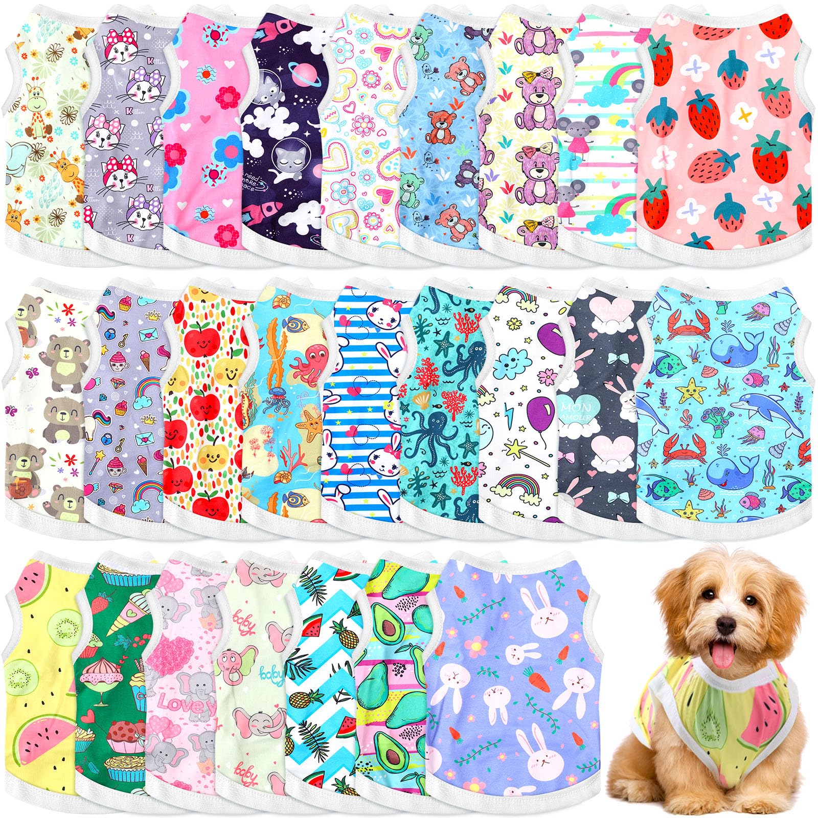 Paterr 25 Pcs Dog Shirts Printed Puppy Clothes Breathable Cartoon T Shirt For Dog Soft Puppy Clothing Lovely Pet Shirts Outfits 