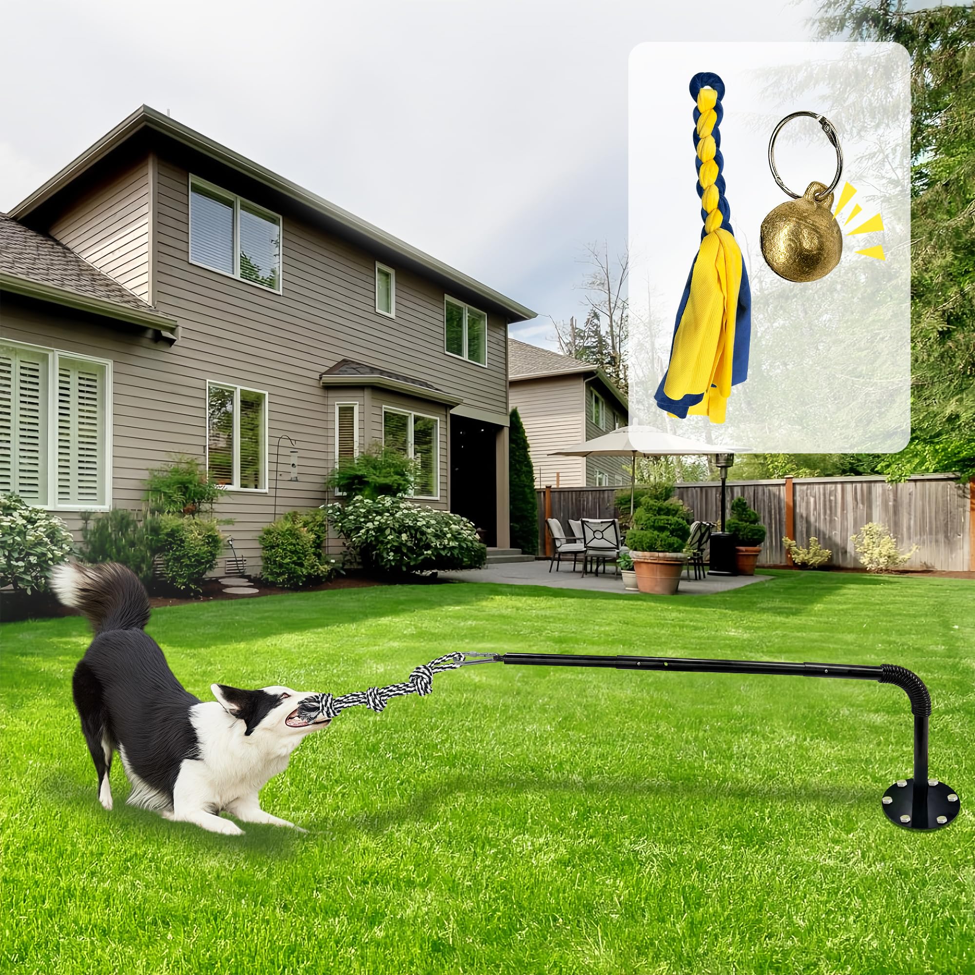GRETMIX Tether Tug Outdoor Dog Toy, Interactive Exercise Game in Yard, Tether Tug with 2 Rope Toy and Bell for Large Medium Smal