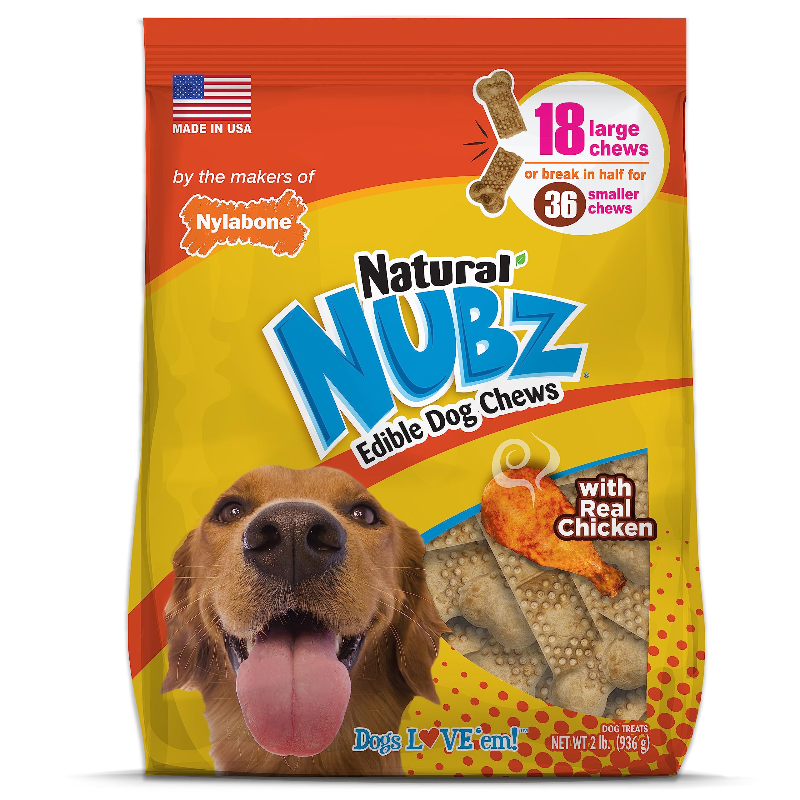 Nylabone Nubz Chicken Dog Treats I All Natural Edible Chew Treats for Dogs l Made in USA l 18 Pack Large - Up to 50 lbs.