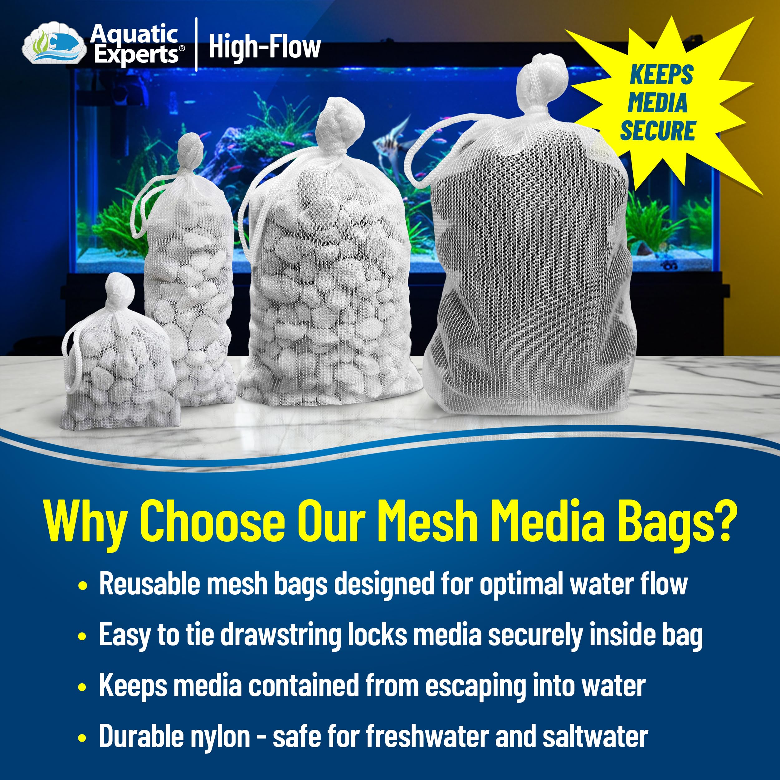 Aquatic Experts High Flow Filter Media Bag - Durable Filter Bags For Fish Tank, Secure Aquarium Media Bag With Drawstring, Media