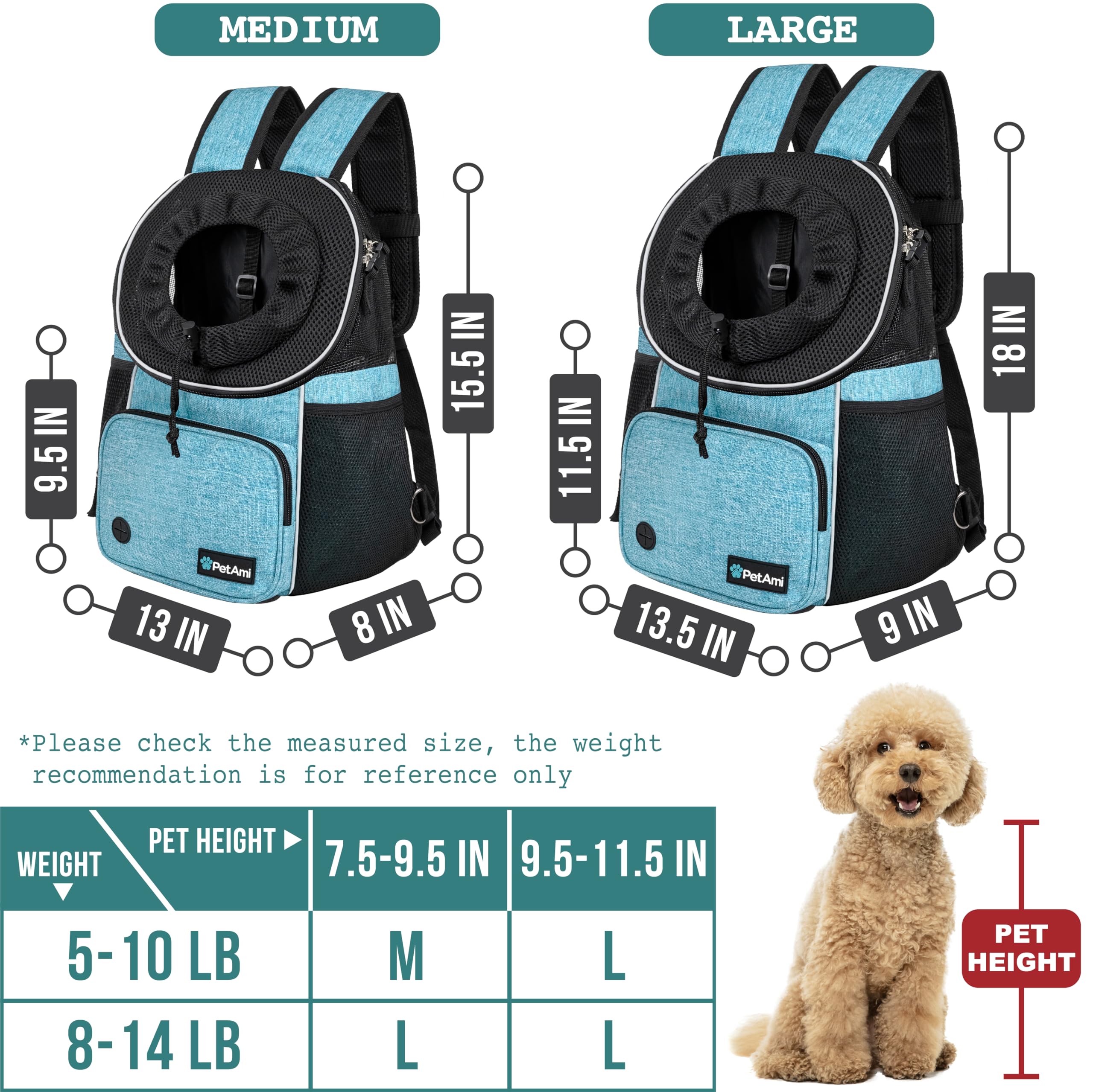 PetAmi Front Carrier Backpack for Dogs and Cats, Adjustable Ventilated Pet Chest Carrier for Hiking Camping Travel, Small Medium