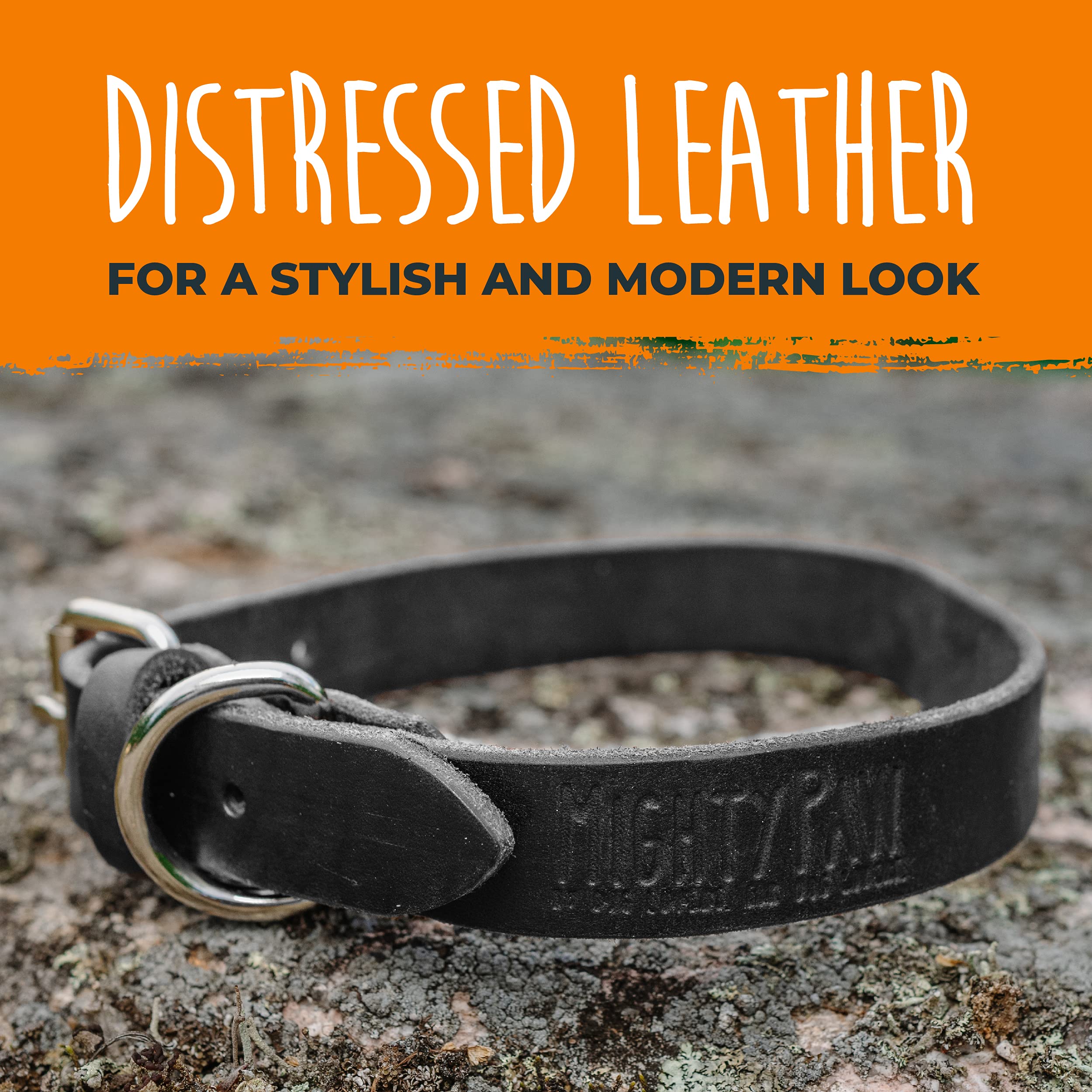 Mighty Paw Leather Dog Collar - Medium Black - Genuine Distressed Leather, Strong Metal Buckle, Comfort for All Breeds