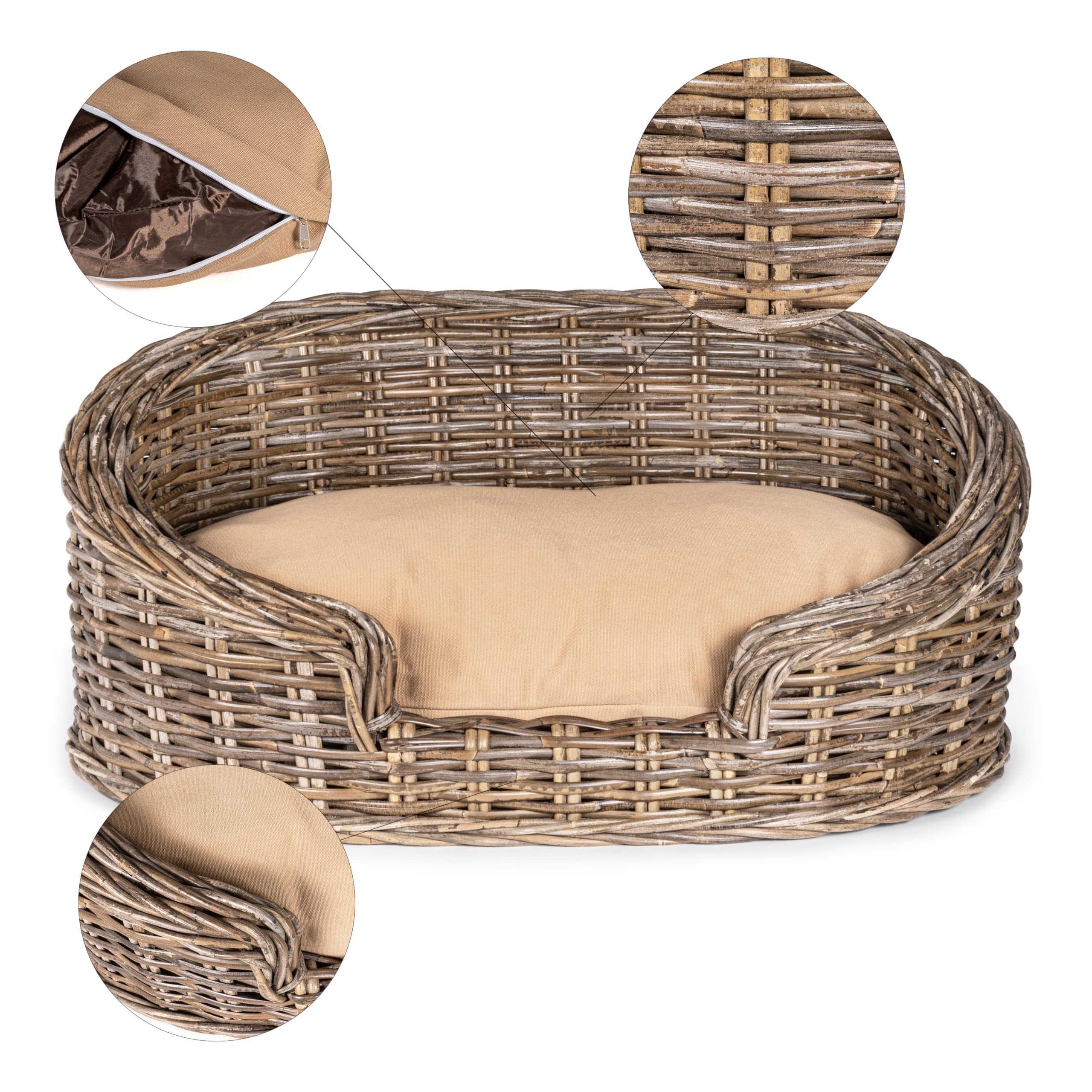 The LICKER Store DBD1000A Curvy 28.5 x 17.25 Classic Handwoven Rattan Dog Bed with Machine-Washable Cushion, Kubu Gray