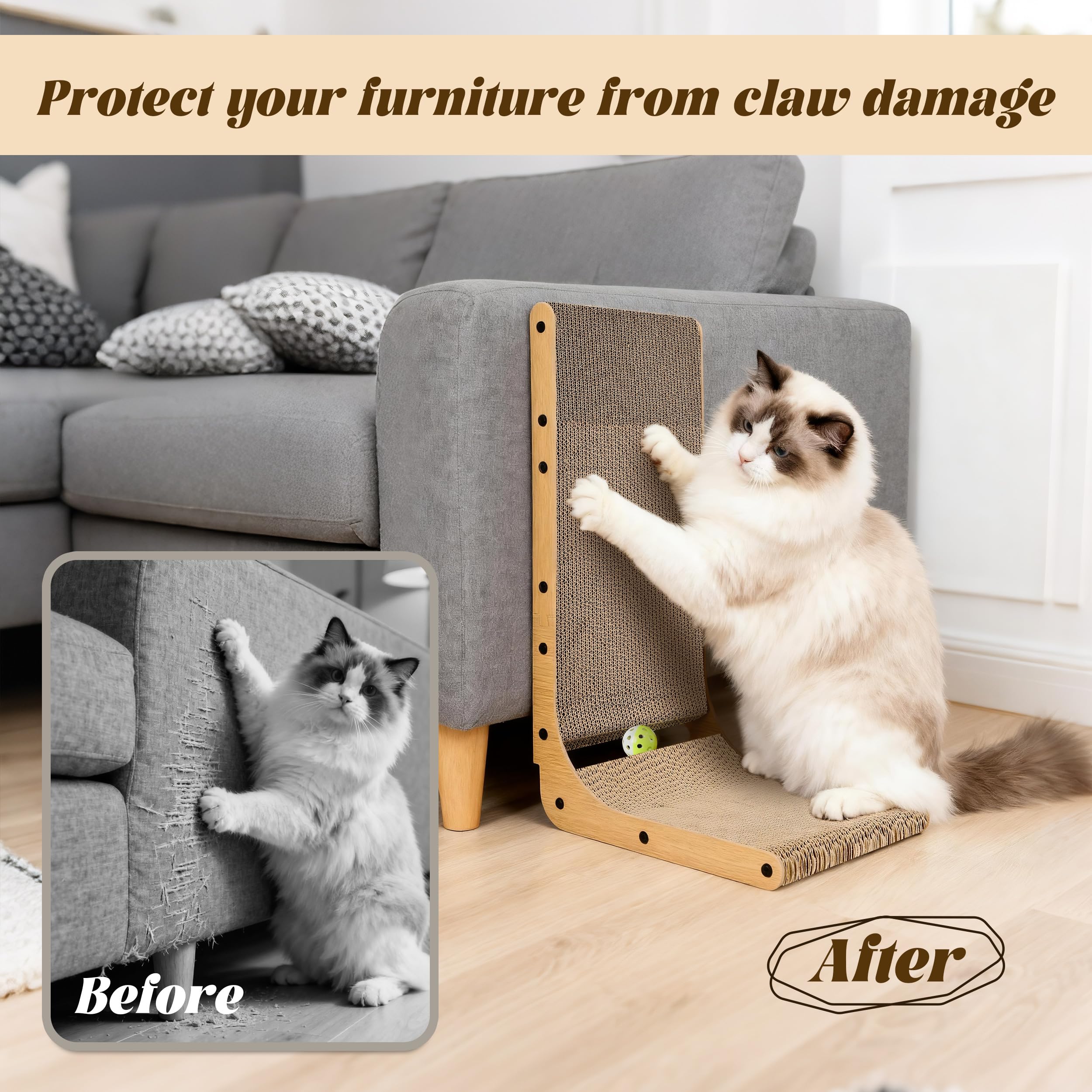 PatiencET L Shape Cat Scratcher, 26.8 Inch Cardboard Scratch Pad for Indoor Cats, Large Vertical Scratch Board, Furniture Protec