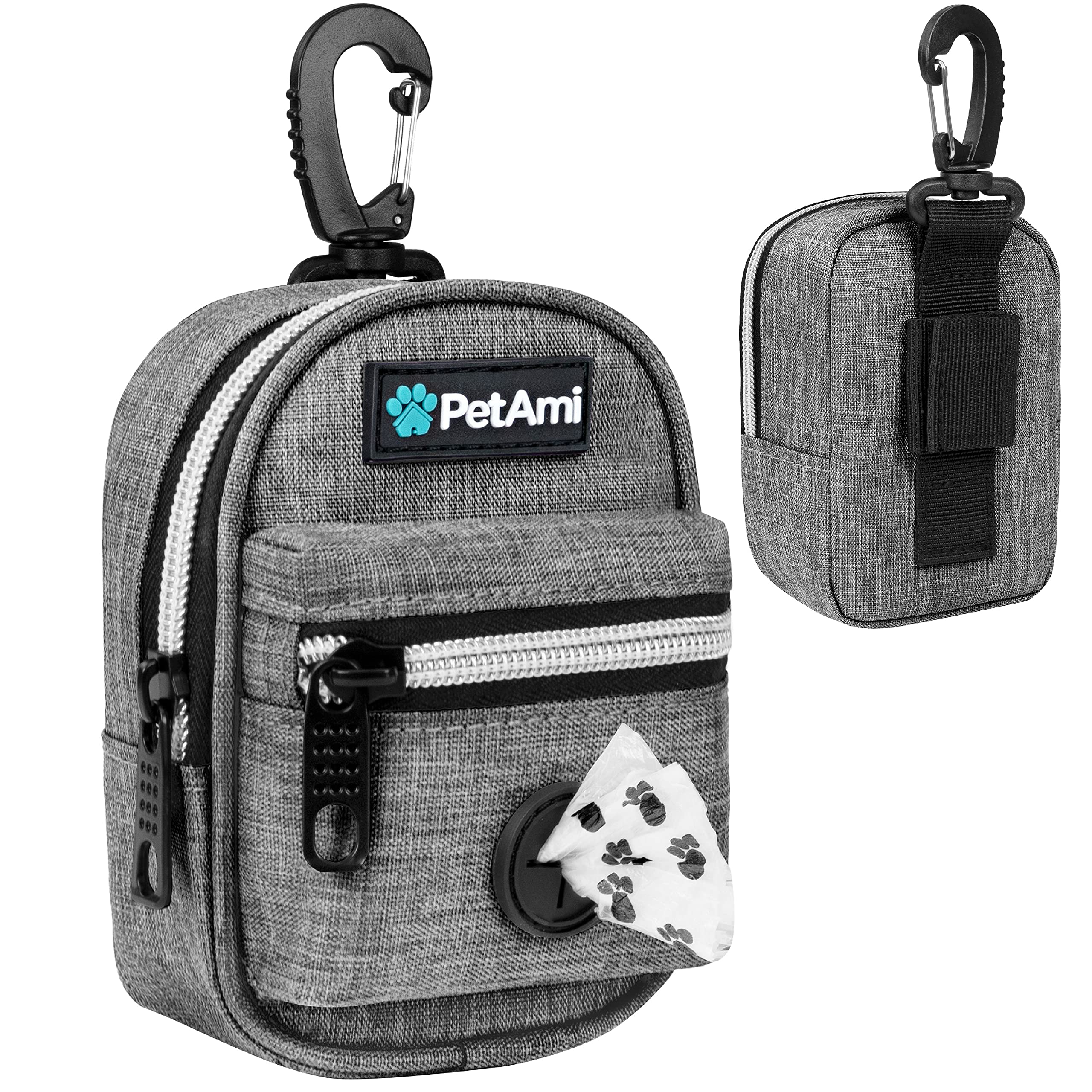 Petami Dog Poop Bag Holder | Dog Waste Bag Dispenser With Clip For Leash And Belt | Portable Fabric Doggy Waste Bag Holder For Walking Hiking Running Travel - With One Roll Of Dog Bag (Heather Gray)