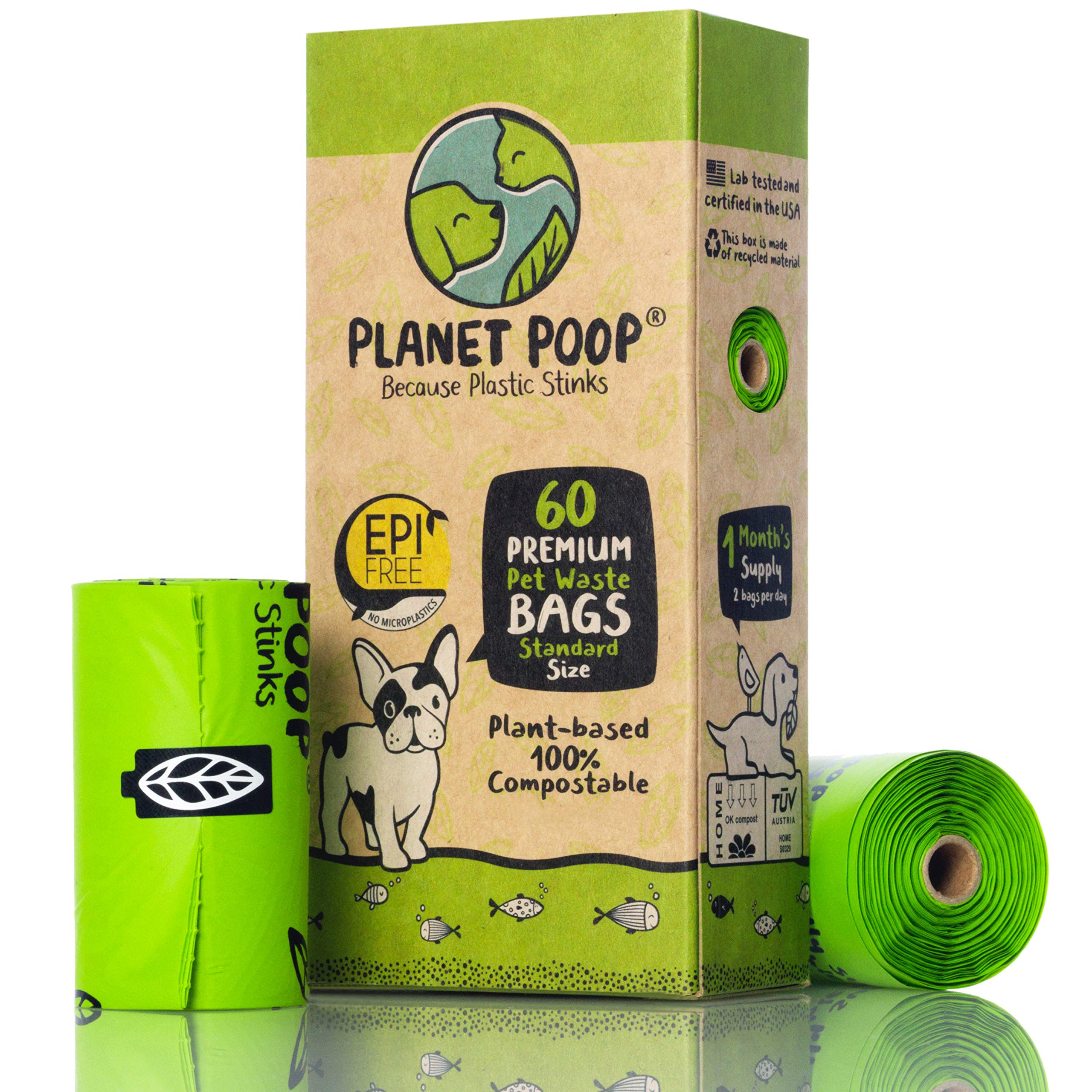PLANET POOP Home compostable Dog Bags on Refill Rolls, 60 Un-Scented Pet Waste Bags, Thick Leakproof Plant-Based Doggy Bag, cat 