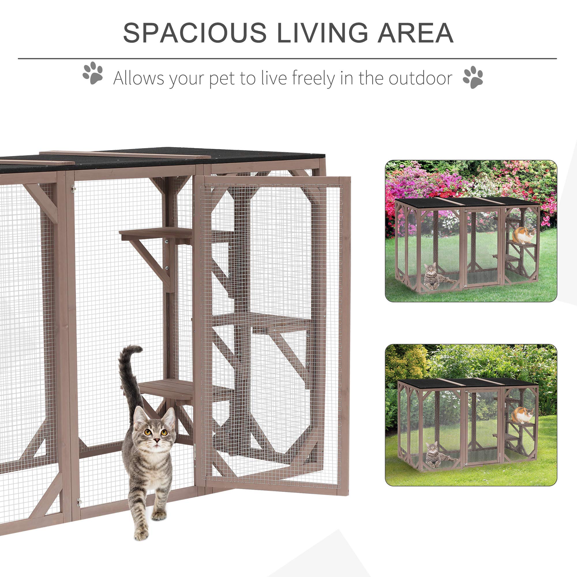 Pawhut Outdoor Cat House, Catio Wooden Feral Cat Shelter, Cat Cage With Platforms, Large Enter Door, Weather Protection Asphalt Roof, 71' L, Brown