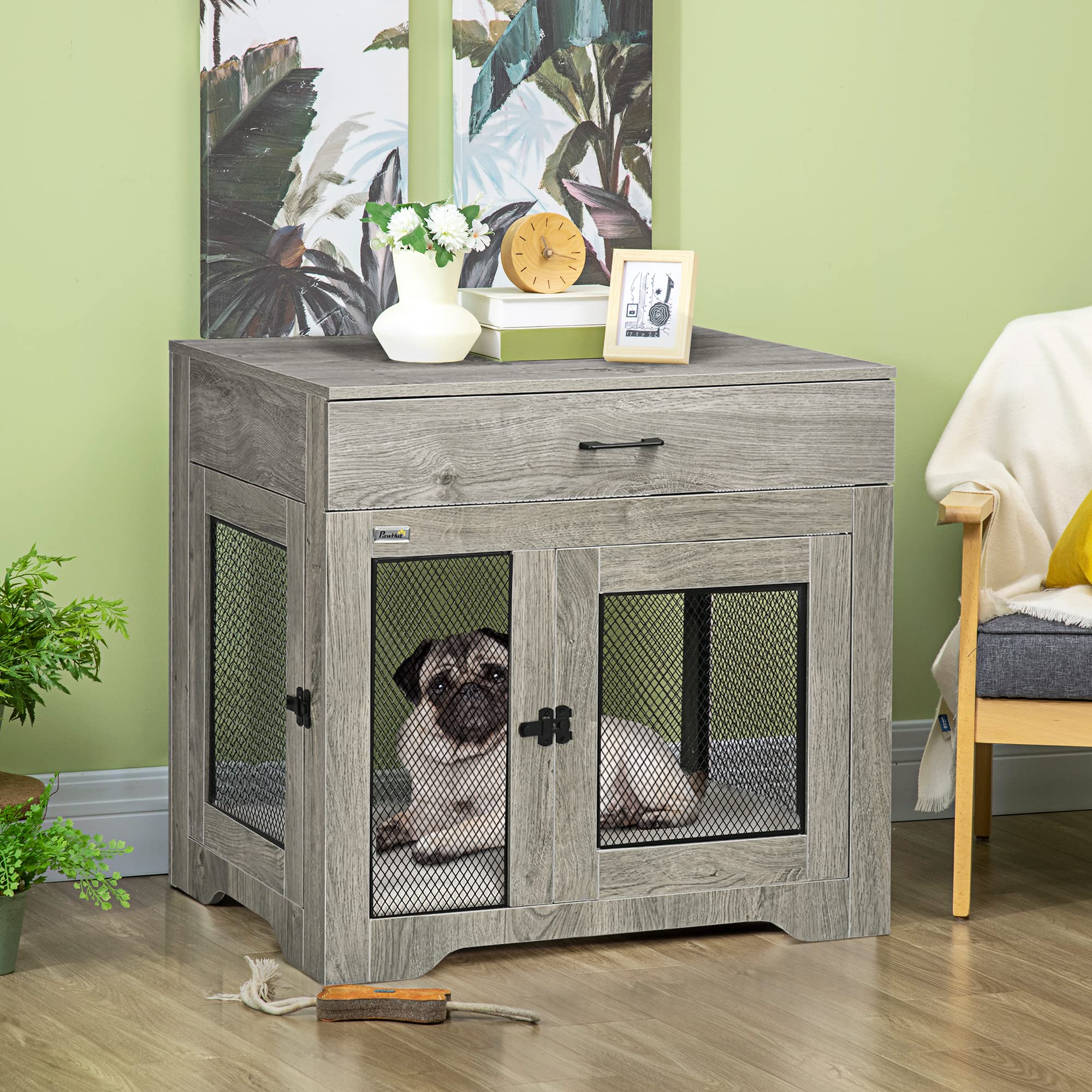 Pawhut Dog Crate Furniture With Soft Water-Resistant Cushion, Dog Crate End Table With Drawer, Puppy Crate For Small Dogs Indoor With 2 Doors, Grey