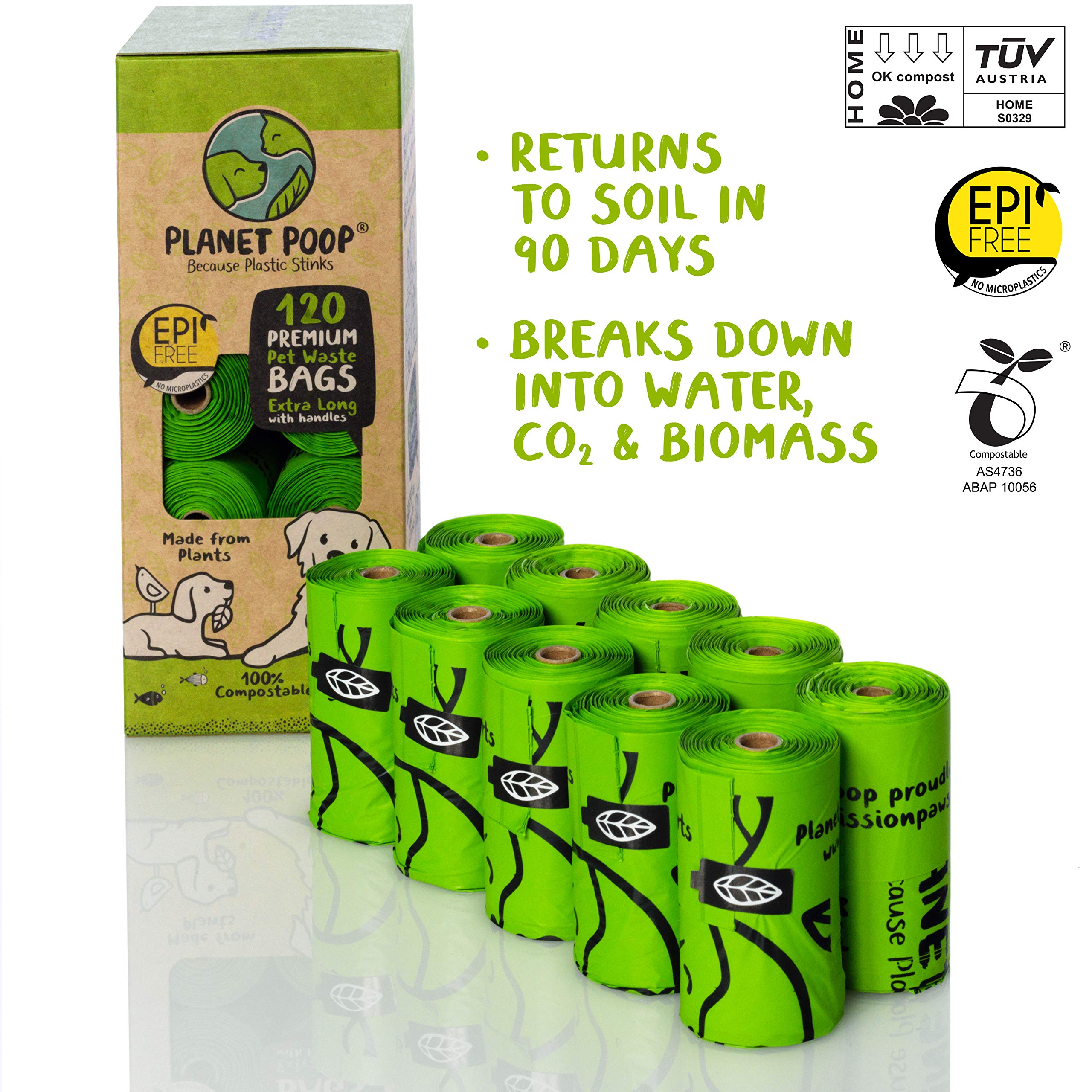 Planet Poop Home Compostable Dog Poop Bags Extra-Long With Handles 120 Un-Scented Pet Waste Bags Plastic Free, Thick Leakproof P