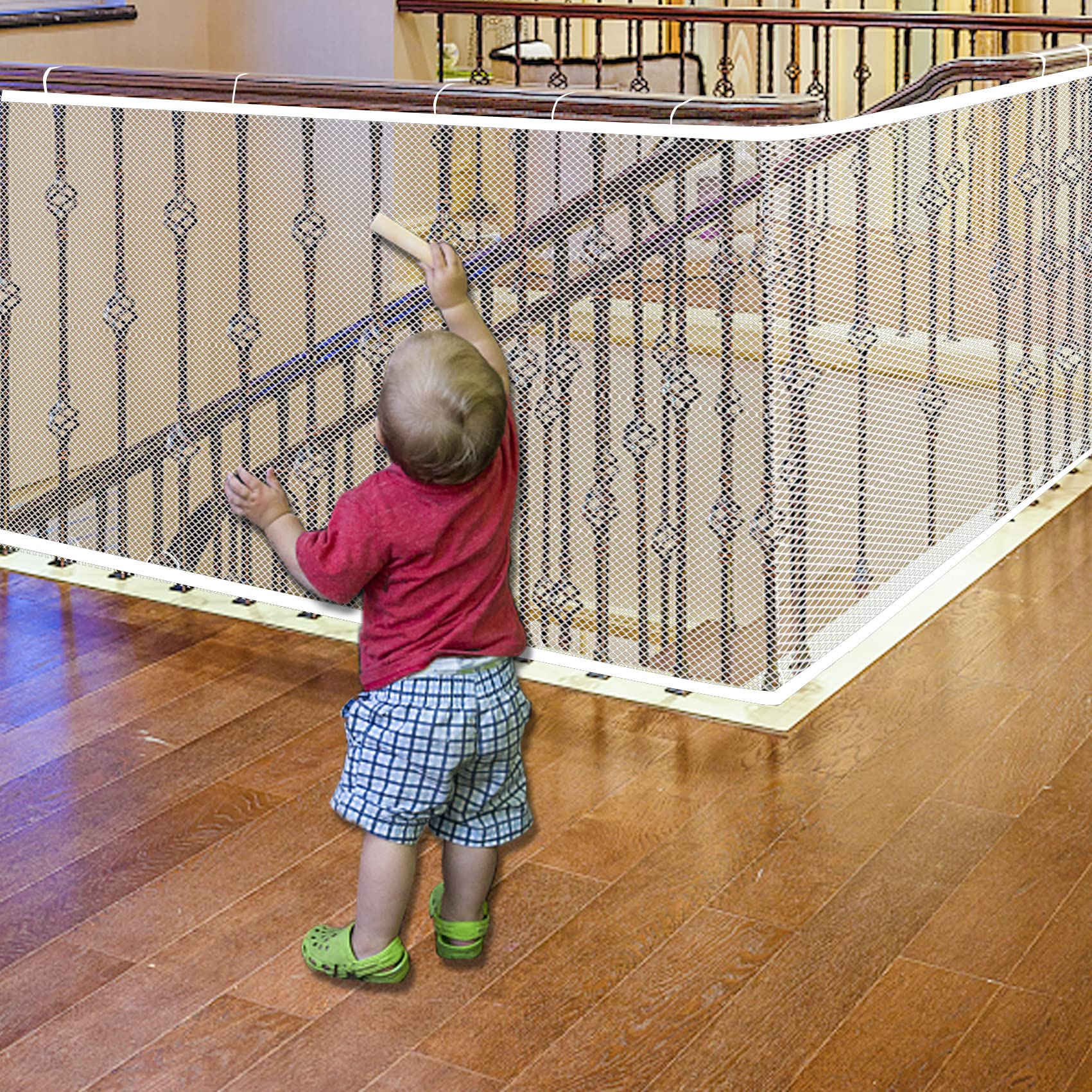 Jiftok Baby Gate For Stairs, Banister Guard For Kids, Pets, Toys, 15Ft L X 2.66 Ft H, Mesh Netting Safety Net For Balcony Rail Stair, Stairway Net Baby Safety Products For Indoor & Outdoor (White)
