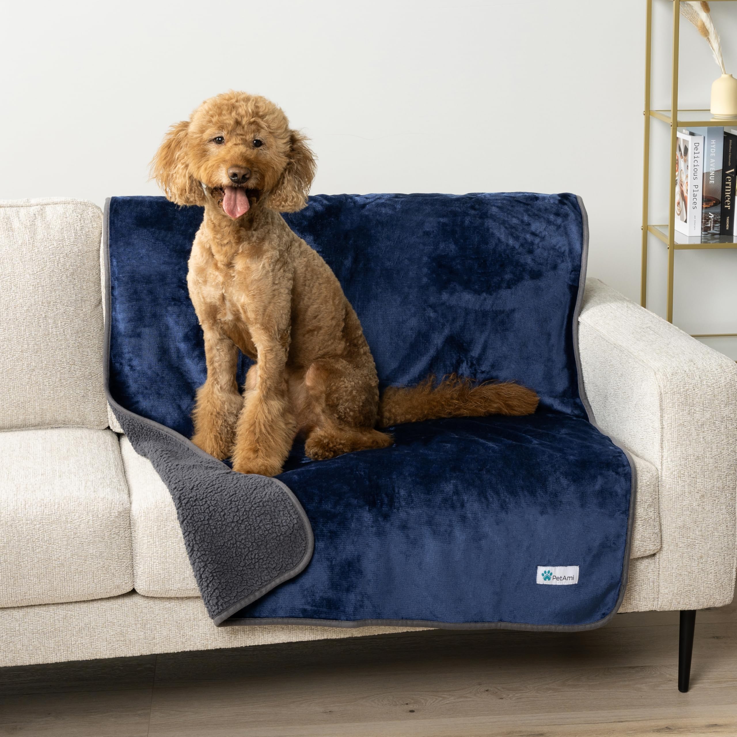 Petami Waterproof Dog Blanket For Medium Large Dogs, Pee Proof Pet Blanket For Bed Couch, Reversible Water Proof Blanket For Puppy Indoor Cat, Soft Dog Pee Crate Cover Washable, 60X80 Navy/Gray