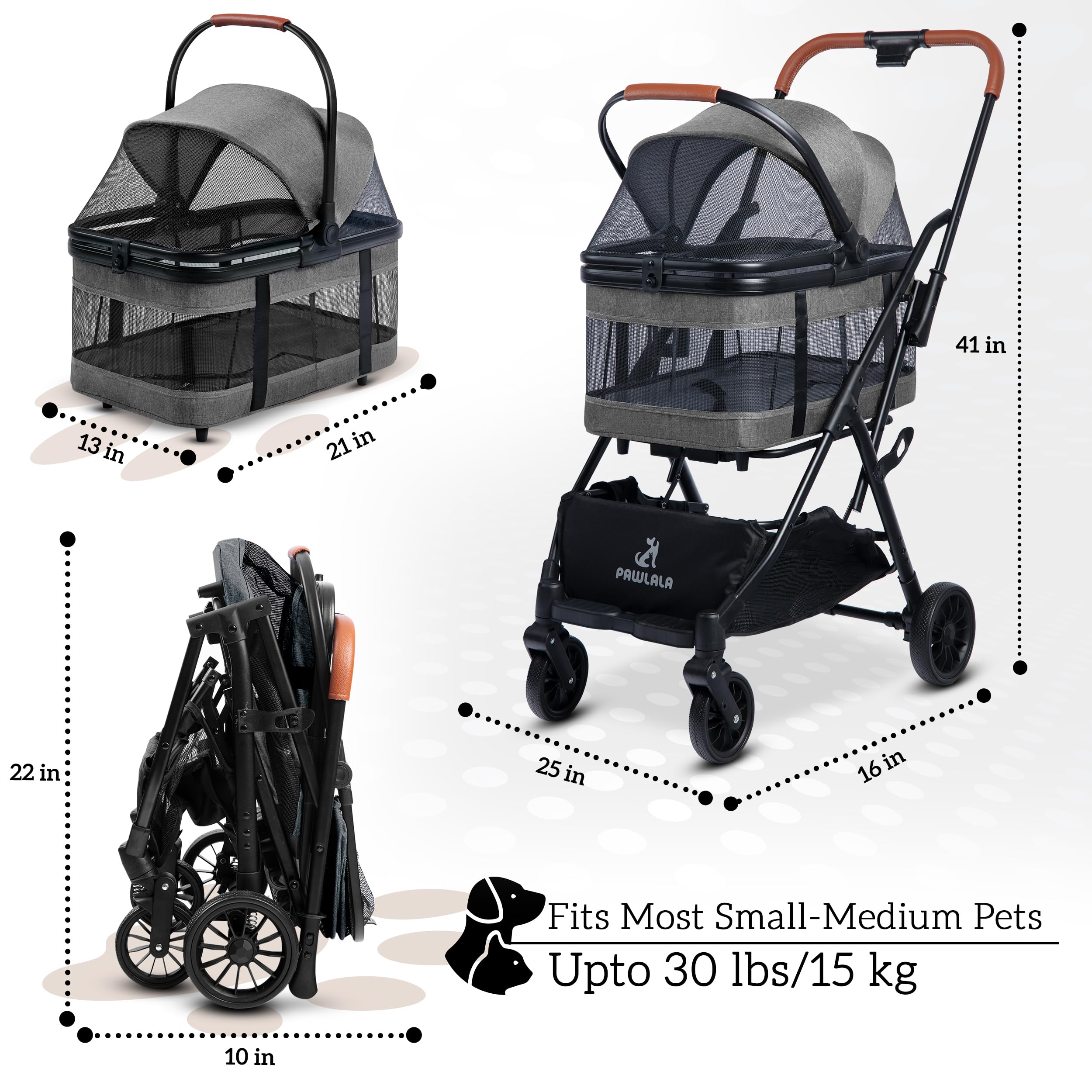 PAWLALA Pet Stroller for Small to Medium Dogs & Cats - Detachable Carrier, Easy Assembly, Metallic Gray, Alloy Steel Design