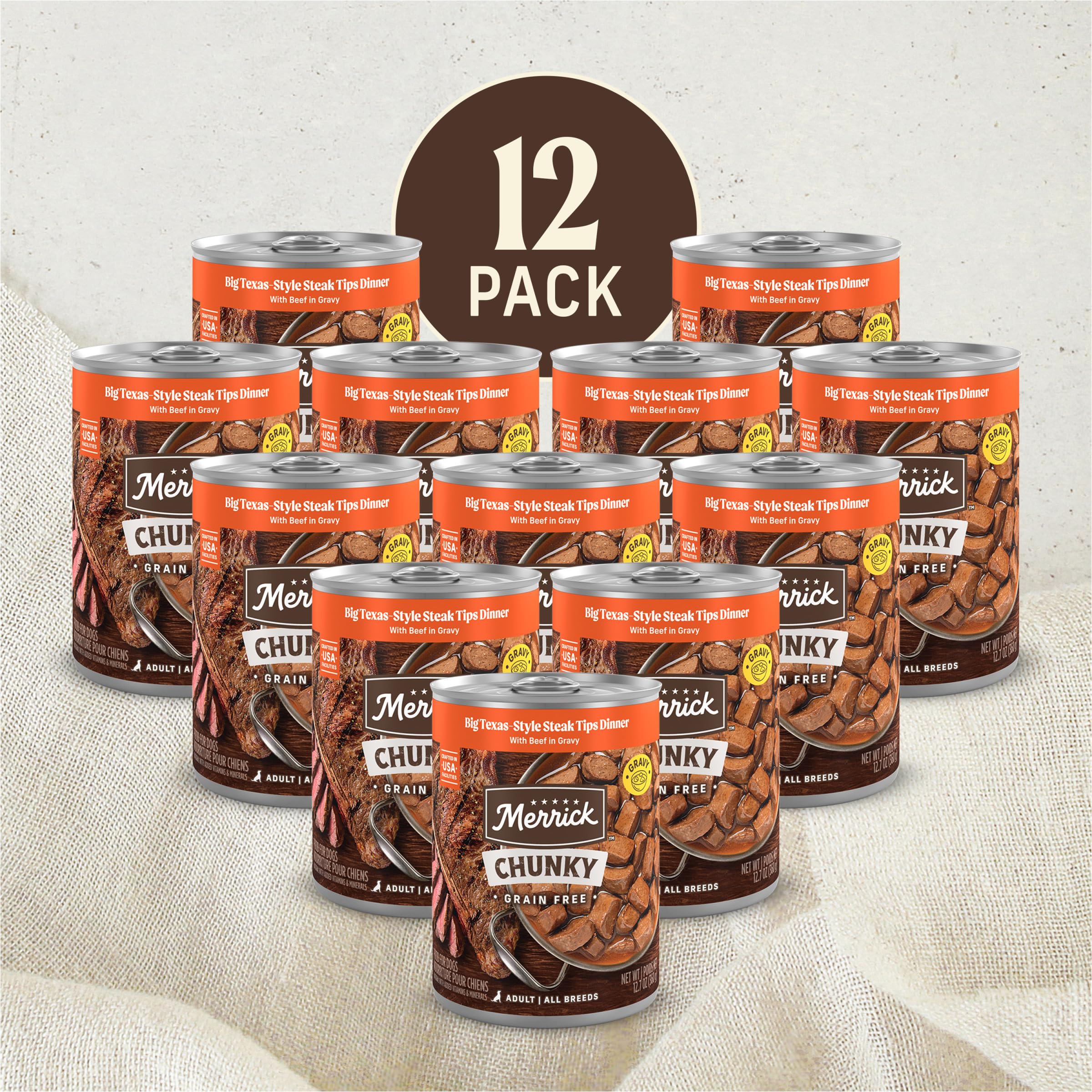 Merrick Chunky Grain Free Premium And Wholesome Canned Dog Food, Real Meat Big Texas Steak Tips Dinner - (Pack of 12) 12.7 oz. C