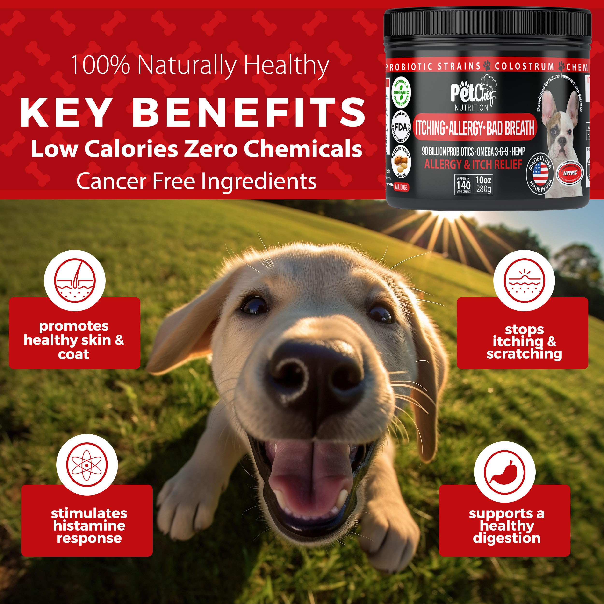 Pet Chef Dog Stop Itching & Allergy Blocker Chew - Natural Anti Itch for Dogs with Omega 3, Salmon Oil - Peanut Butter - Best Va