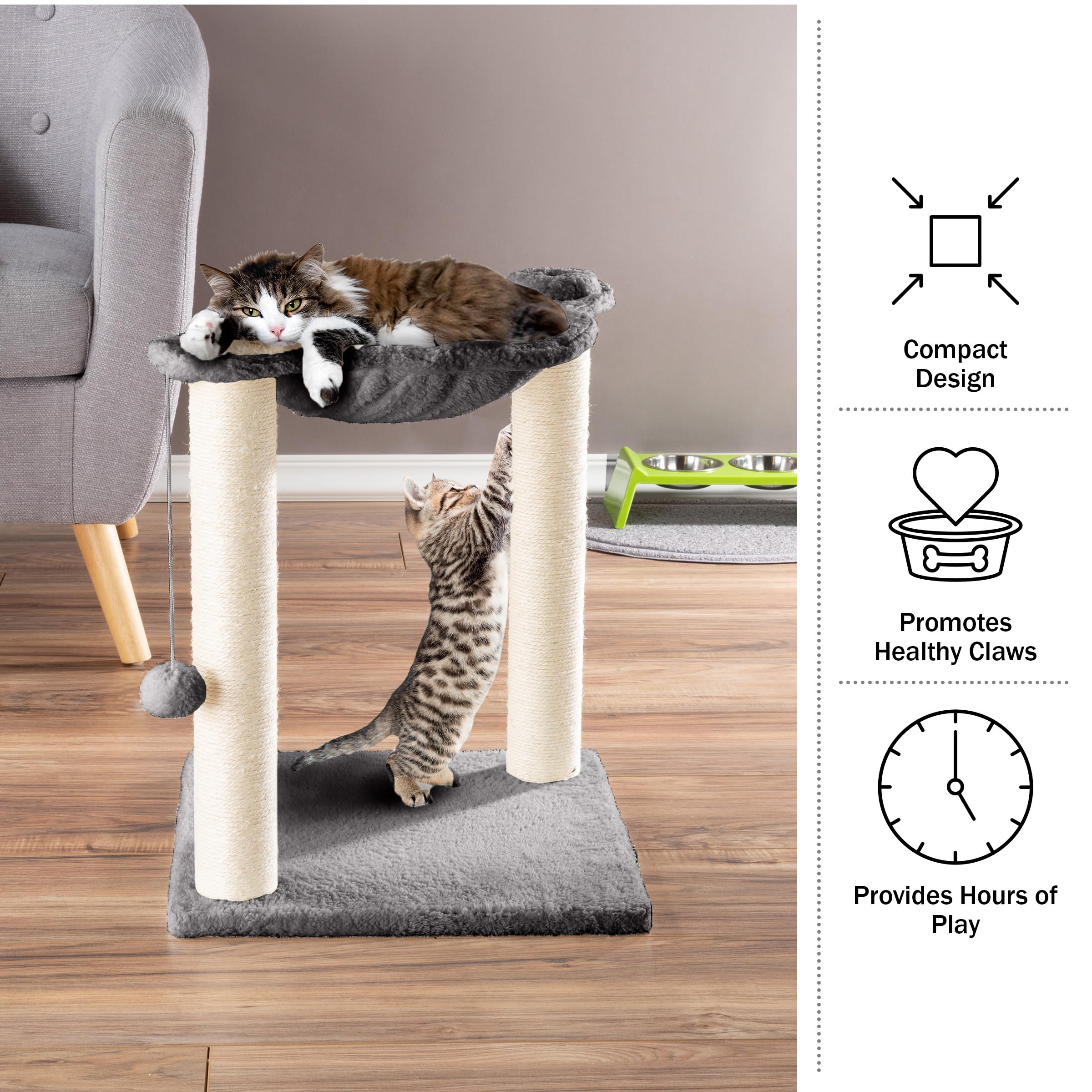 Cat Hammock With Scratching Posts For Indoor Cats - 19-Inch-Tall Cat Tree With Hanging Ball Toy For Adult Cats And Kittens By Pe