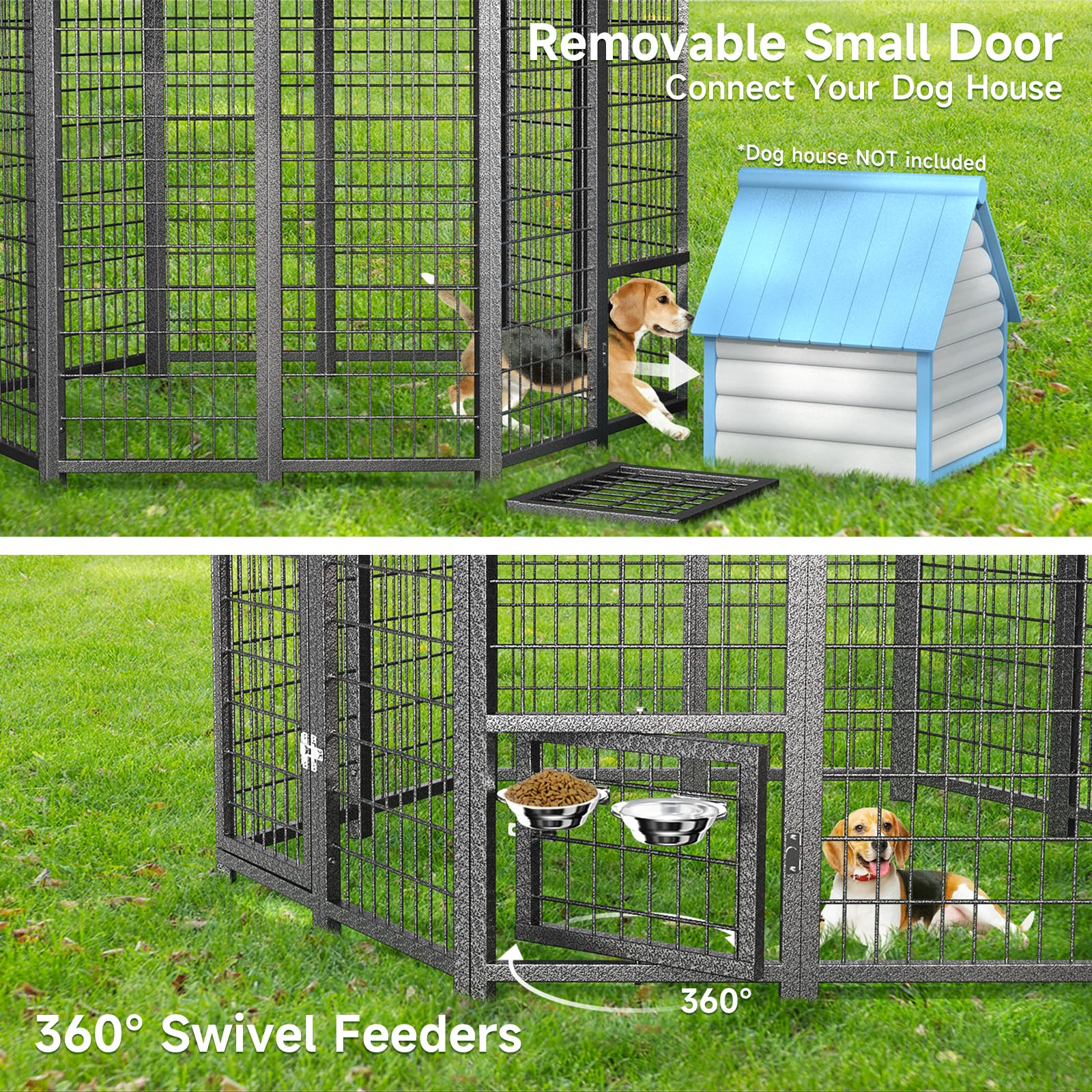 Guiferland Round-Like Dog Kennel Pen Outside Outdoor Dog Run With Roof, Swivel Feeders/Doggy Door Allow Connecting Dog House- Pe