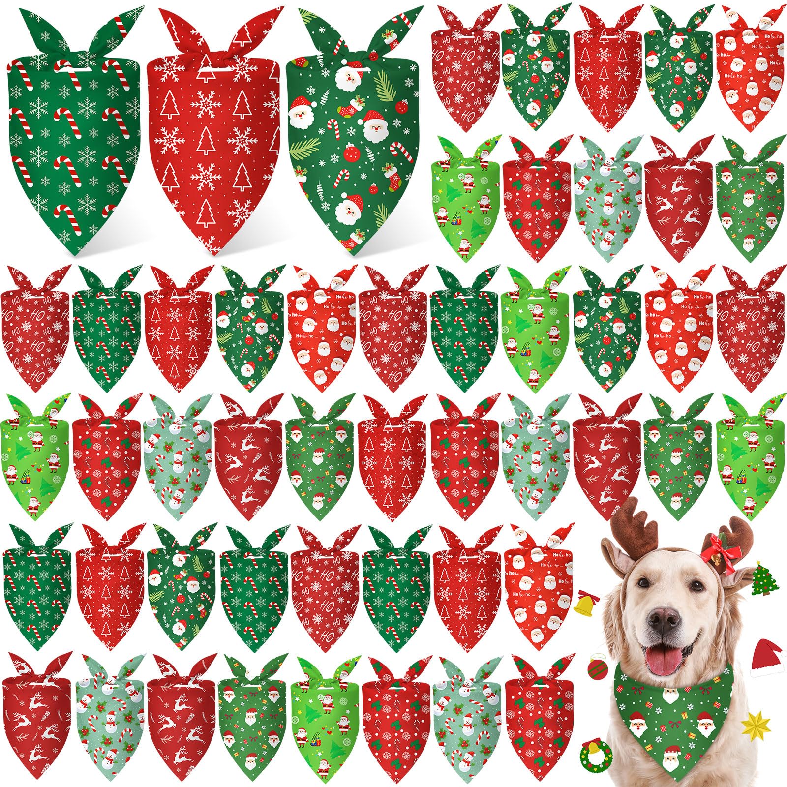 Weewooday 50 Pcs Christmas Bandanas for Dogs Xmas Bandanas Bulk with Santa Snowflake Candy Cane Soft Bibs Adjustable Triangle Do