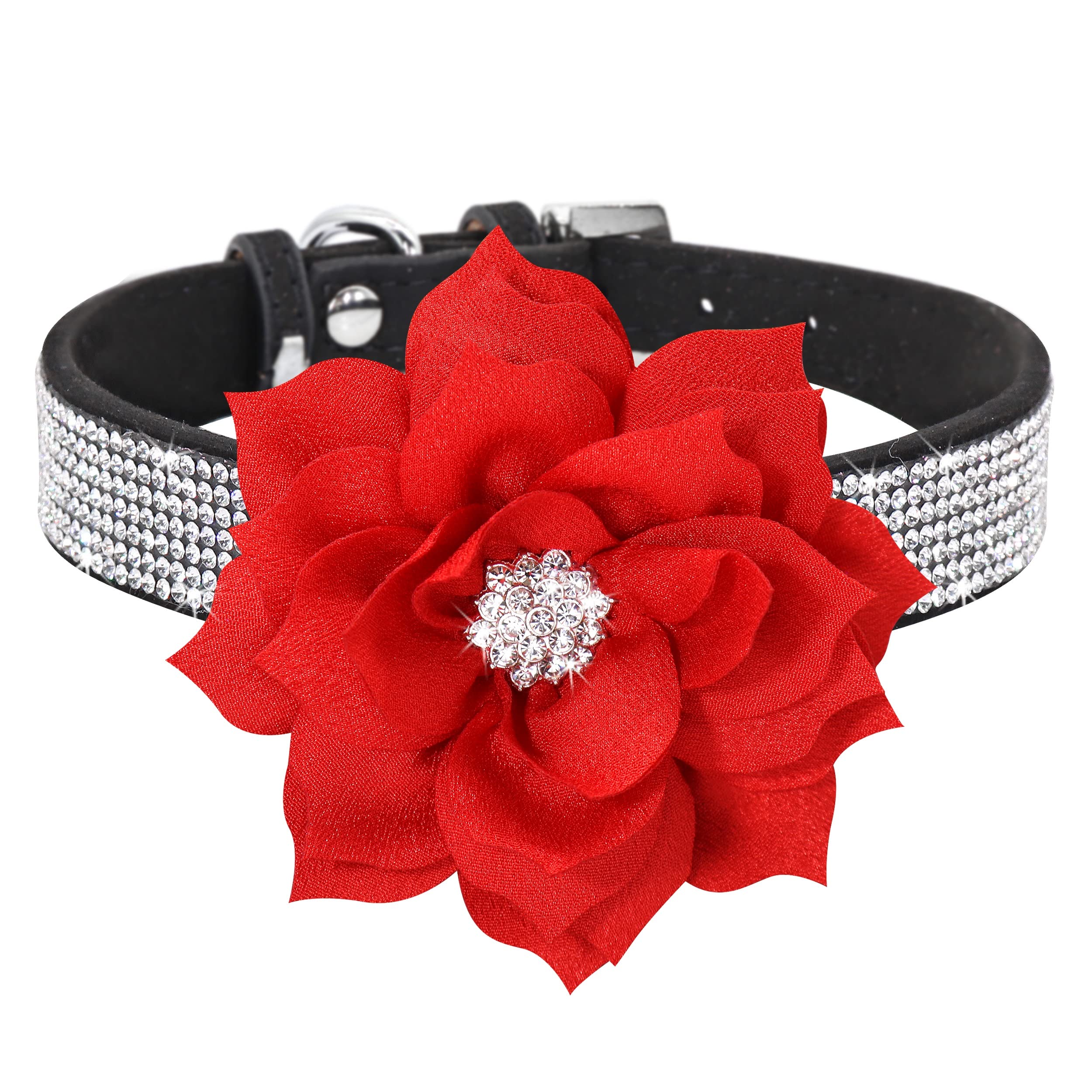 Pet Artist Cute Girl Rhinestone Suede Dog Collars For Small Dogs Cats,Soft Flower Dog Collar,Bling Dog Collars For Small Puppy Dogs Black Collar, M:Neck 12-14.5'(31-37Cm)