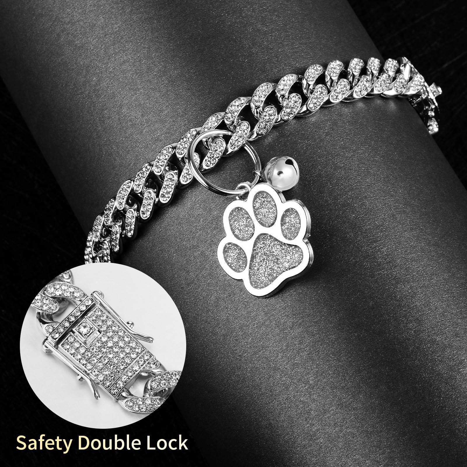 Hillban Cat Collar Diamond Chain Glitter Collar Walking Metal With Secure Buckle Cat Pet Necklace With Paw Charm Link Cuban Jewelry Accessories With Id Tag Bell(10 Inch,Silver)